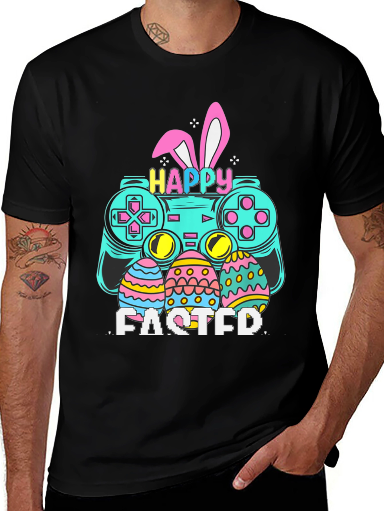 Variant 17 of Happy Easter Gamer T-Shirt - Easter Eggs, Video Game Controller, Black Tee