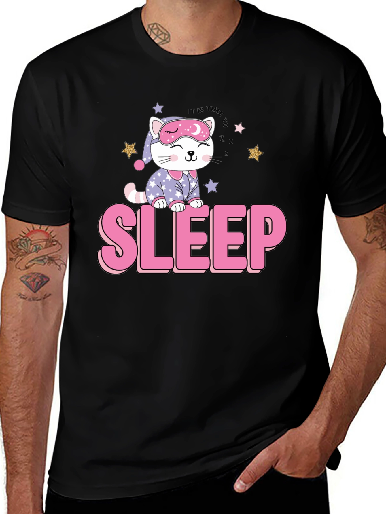 Variant 11 of Cute Sleepy Cat Black T-Shirt