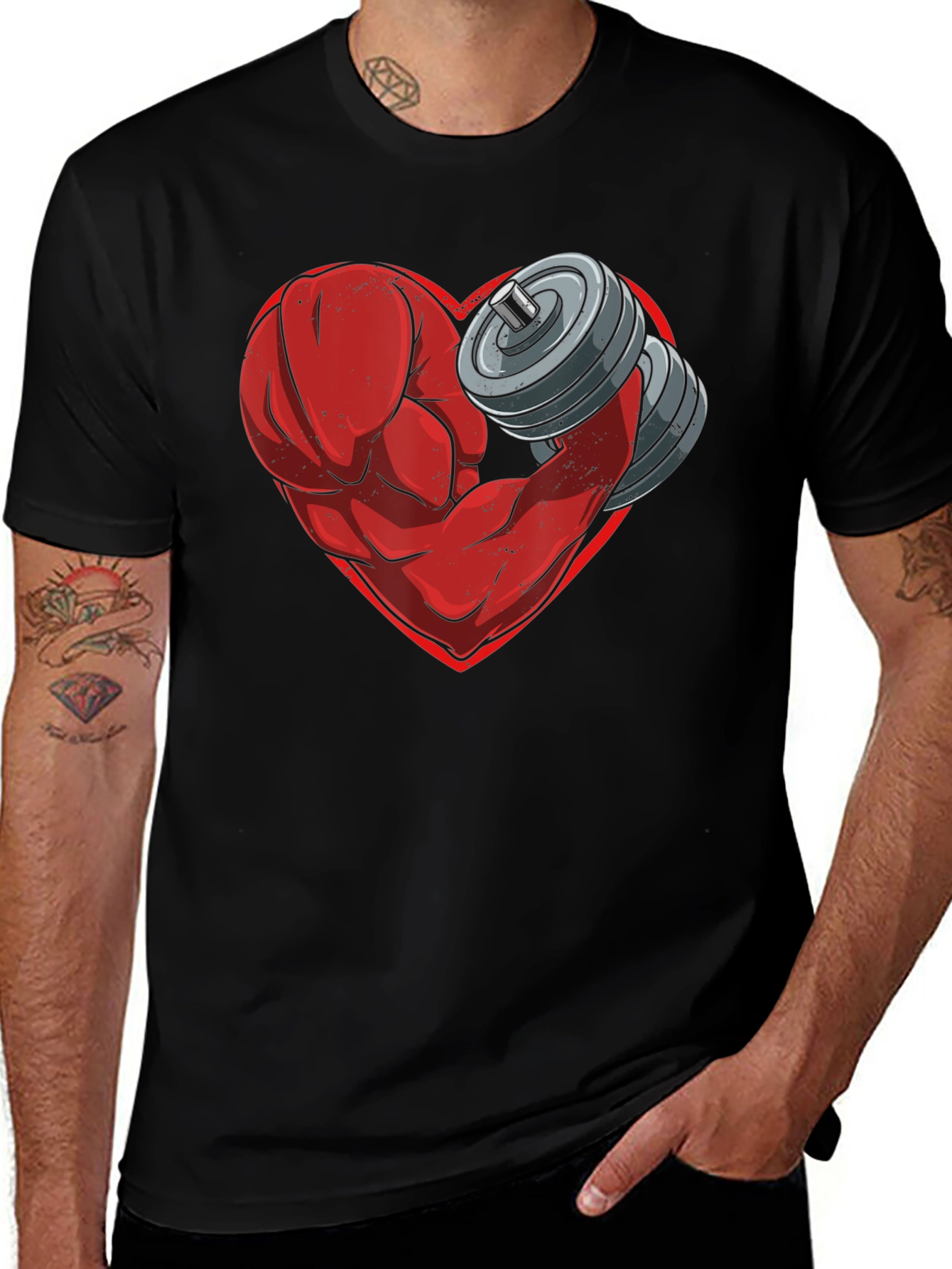 Heart Muscle Dumbbell Graphic Tee - Black Cotton