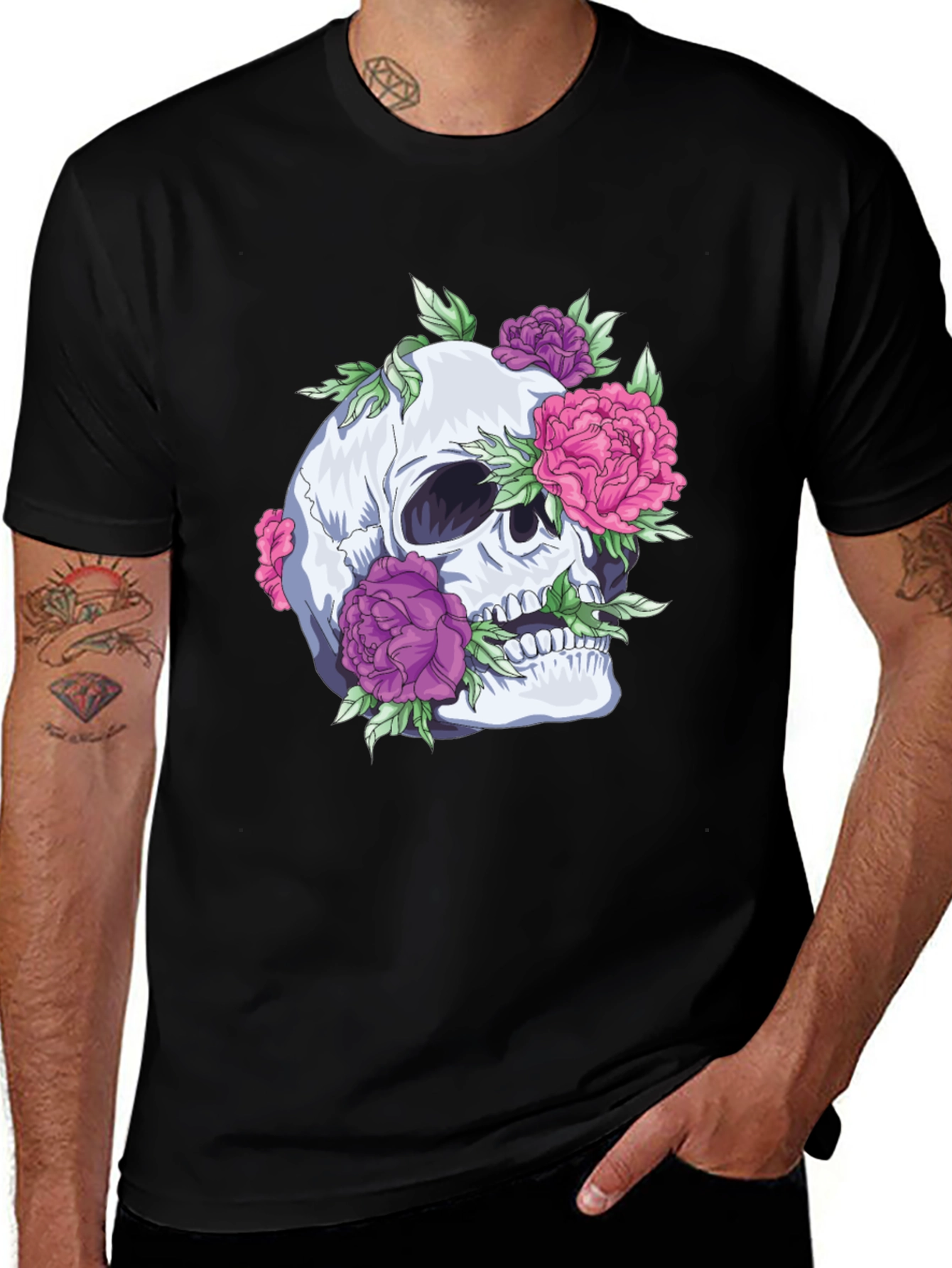 Variant 15 of Skull & Floral Graphic Tee - Stylish Unisex Black T-Shirt