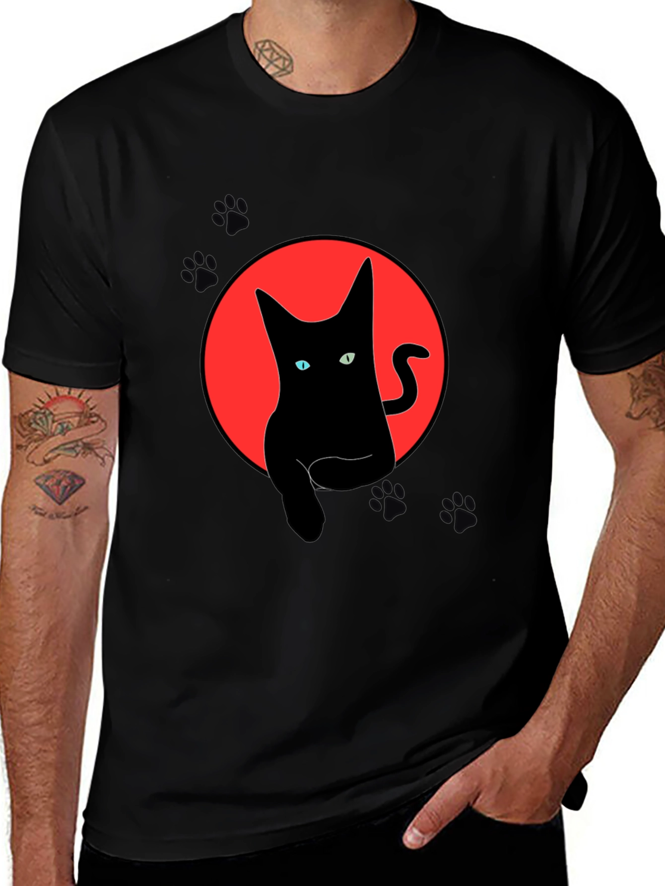 Black Black Cat Graphic Tee - Round Red Moon Design main image