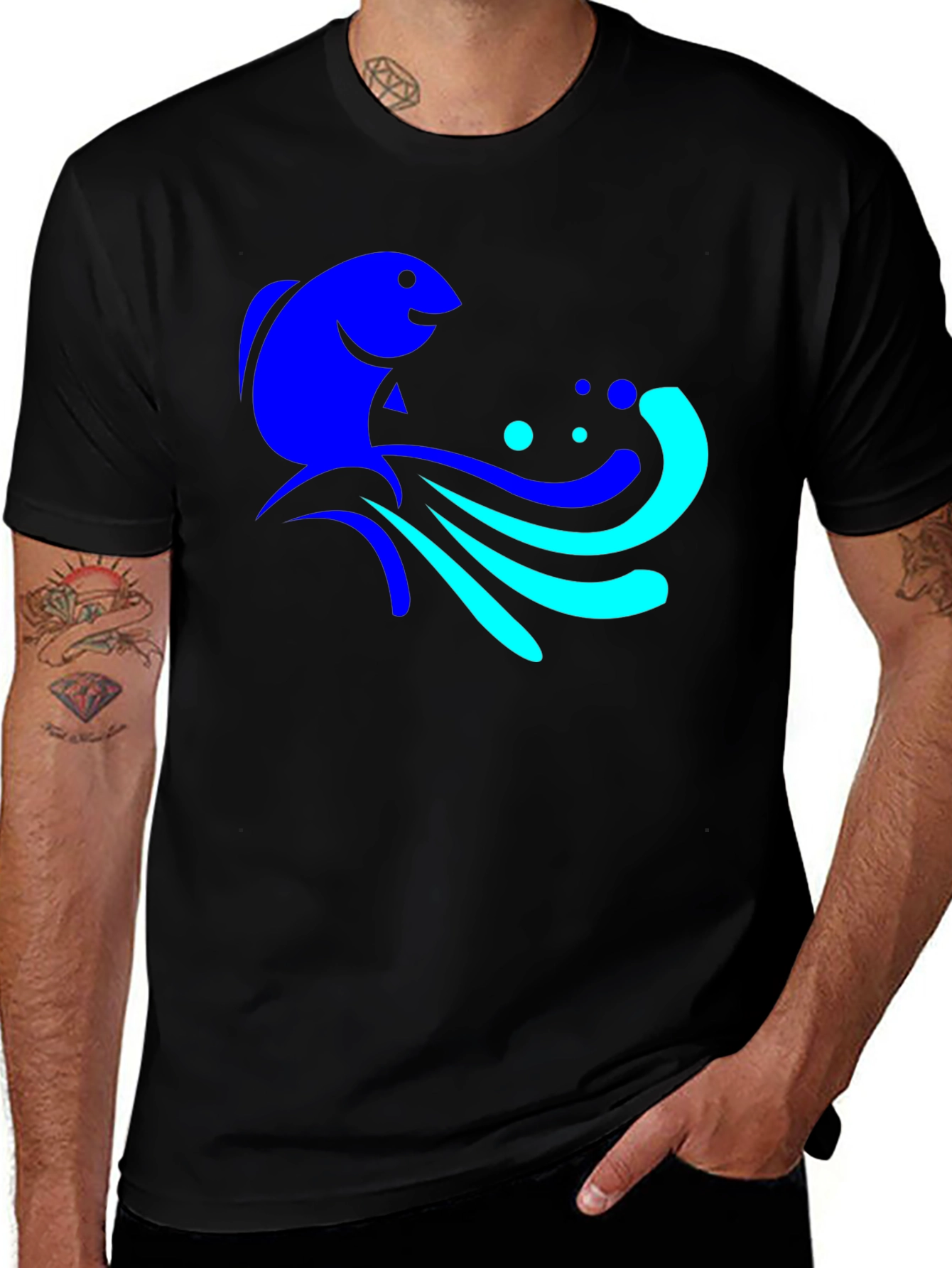 Variant 30 of Blue Fish Graphic Tee - Black Cotton Comfort