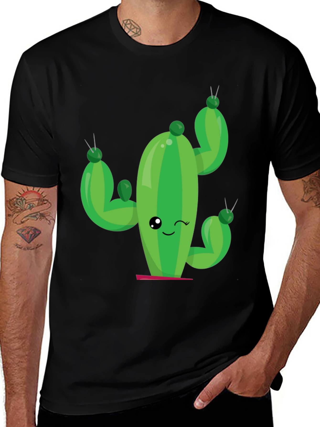 Variant 19 of Funny Cactus Graphic Tee - Black Cotton T-Shirt