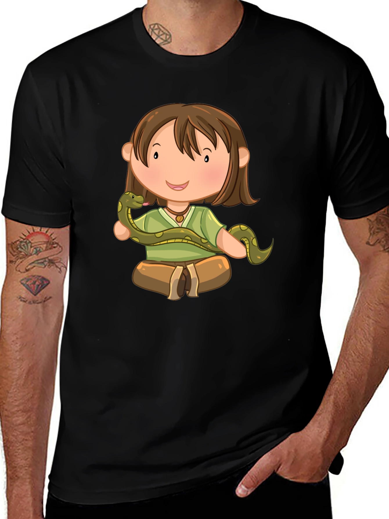 Variant 4 of Cartoon Girl with Snake Black T-Shirt