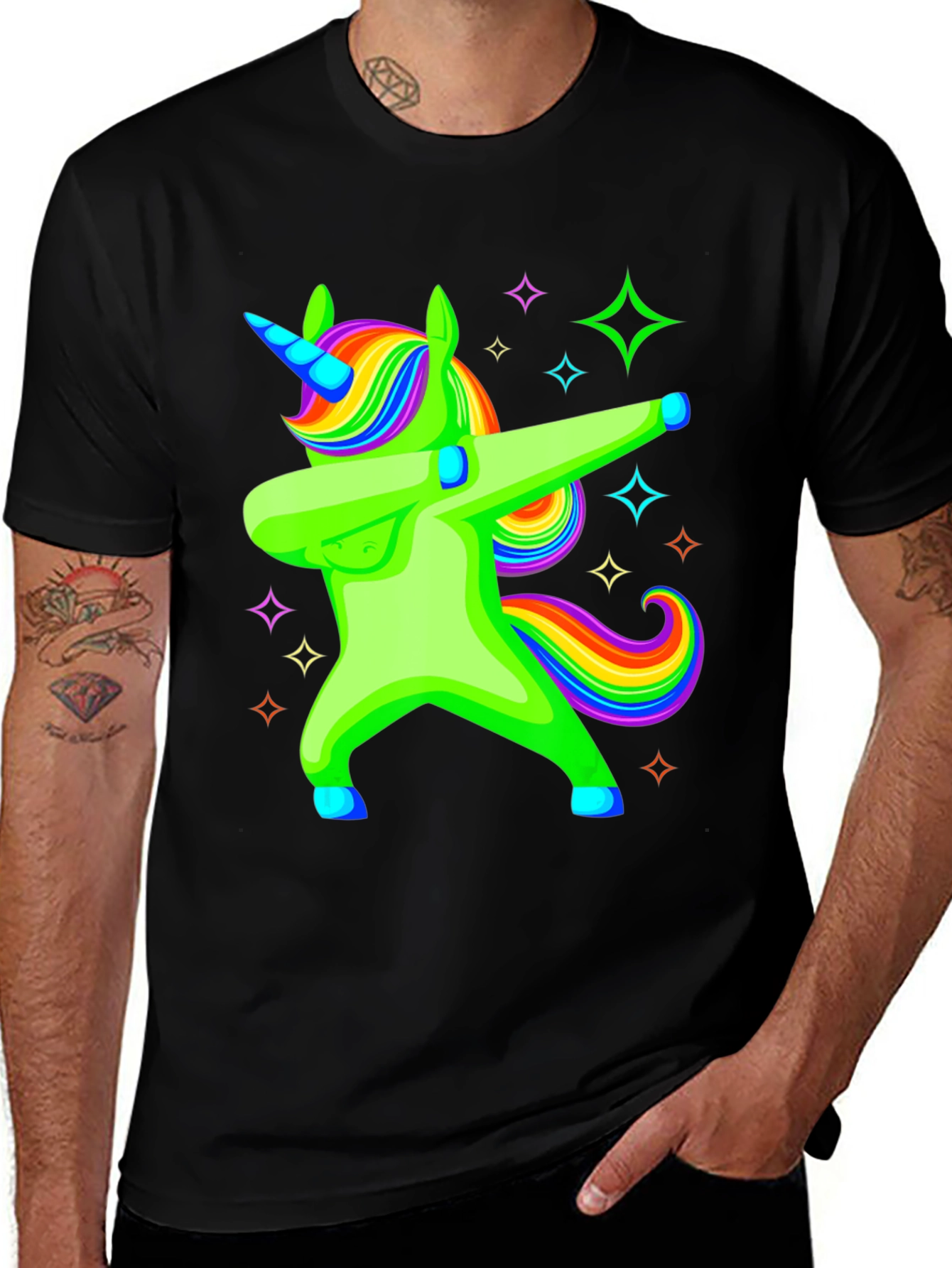Variant 12 of Dabbing Unicorn Graphic Tee - Rainbow Mane Black T-Shirt
