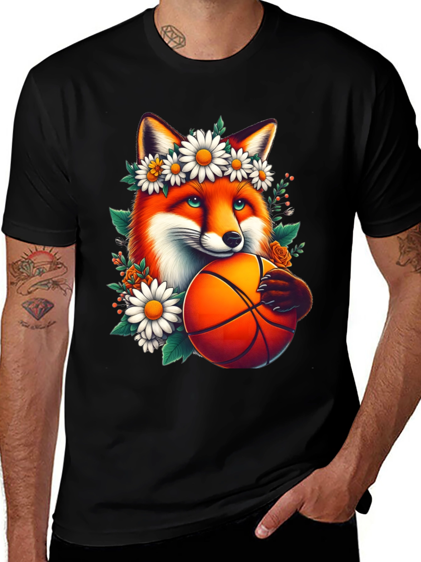 Variant 29 of Fox with Flowers & Basketball T-Shirt