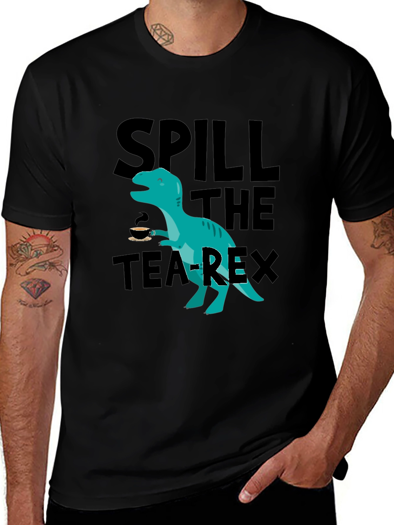 Black Spill the Tea-Rex T-Shirt - Funny Dinosaur Graphic Tee main image