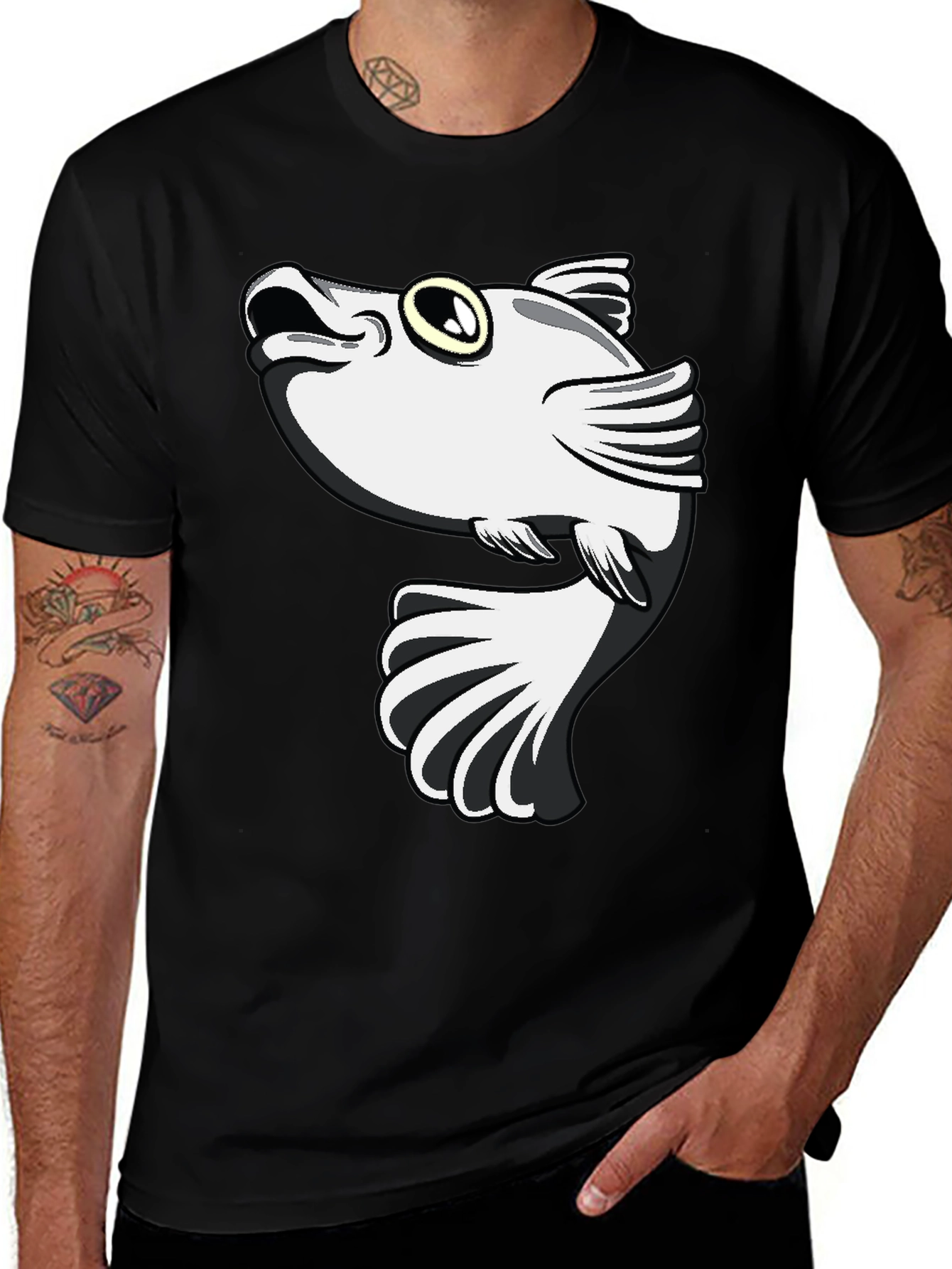 Variant 15 of Cartoon Fish Graphic Tee - Black Cotton Blend