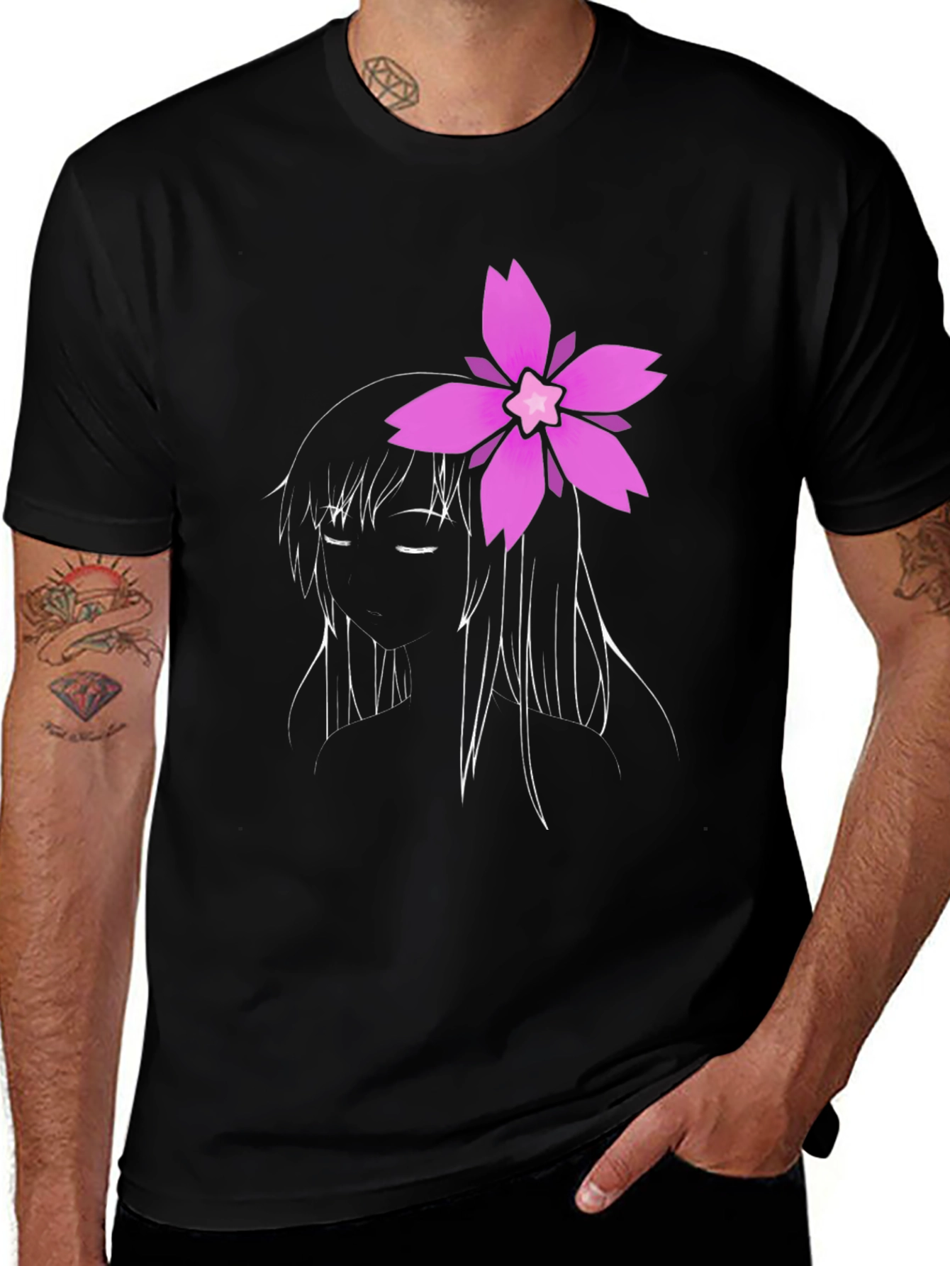 Black Anime Girl Flower Graphic Tee