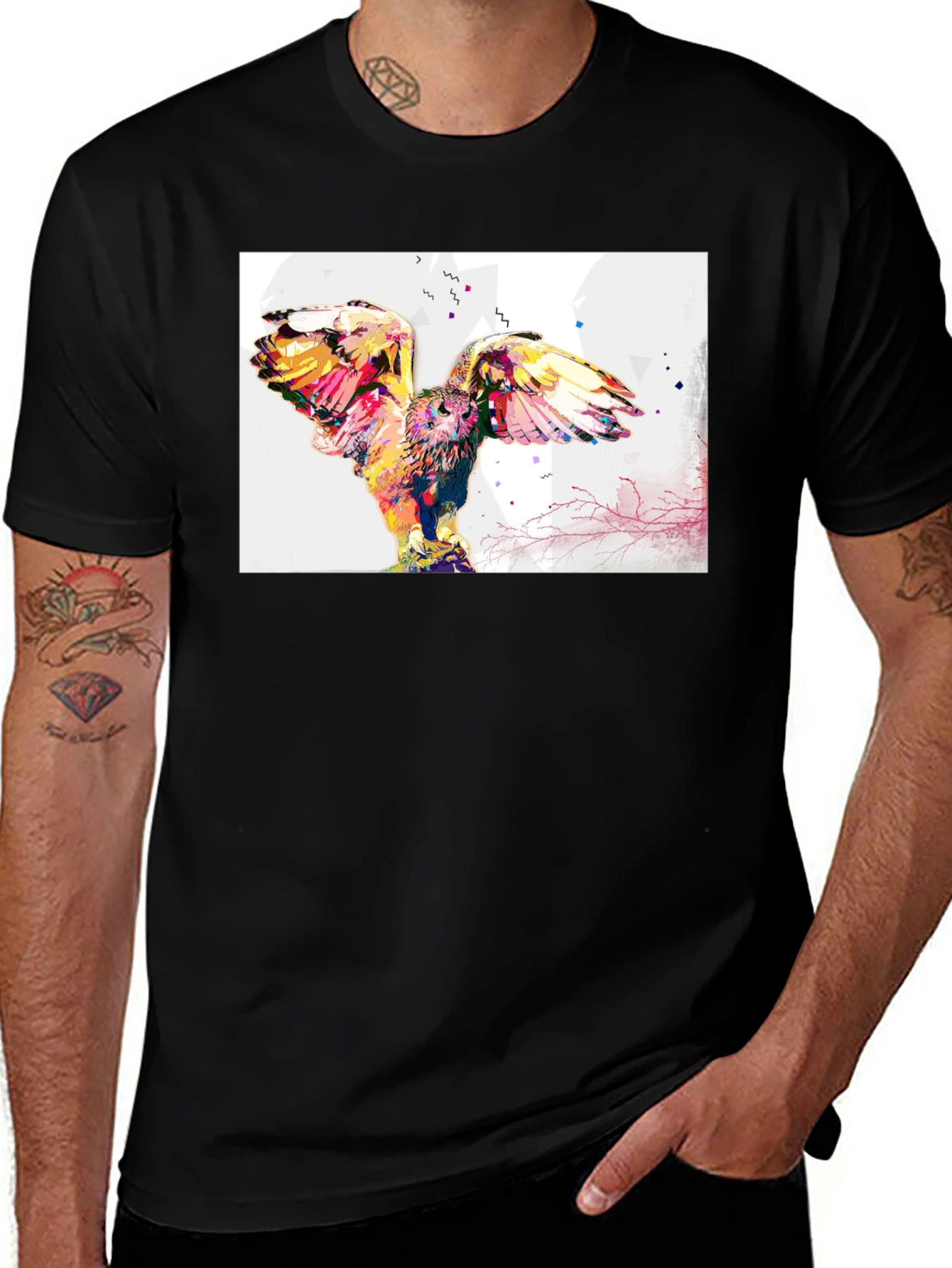 Variant 27 of Colorful Owl Graphic Print Black T-Shirt