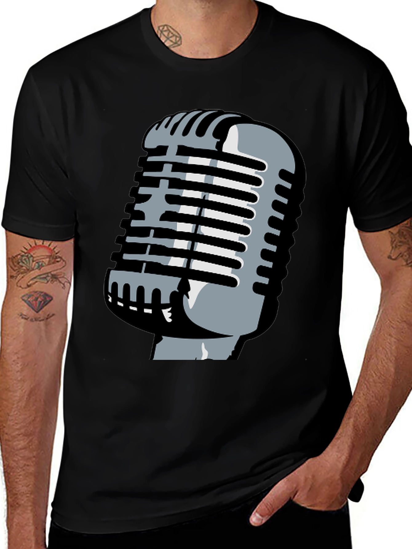 Retro Microphone Graphic Tee - Black T-Shirt