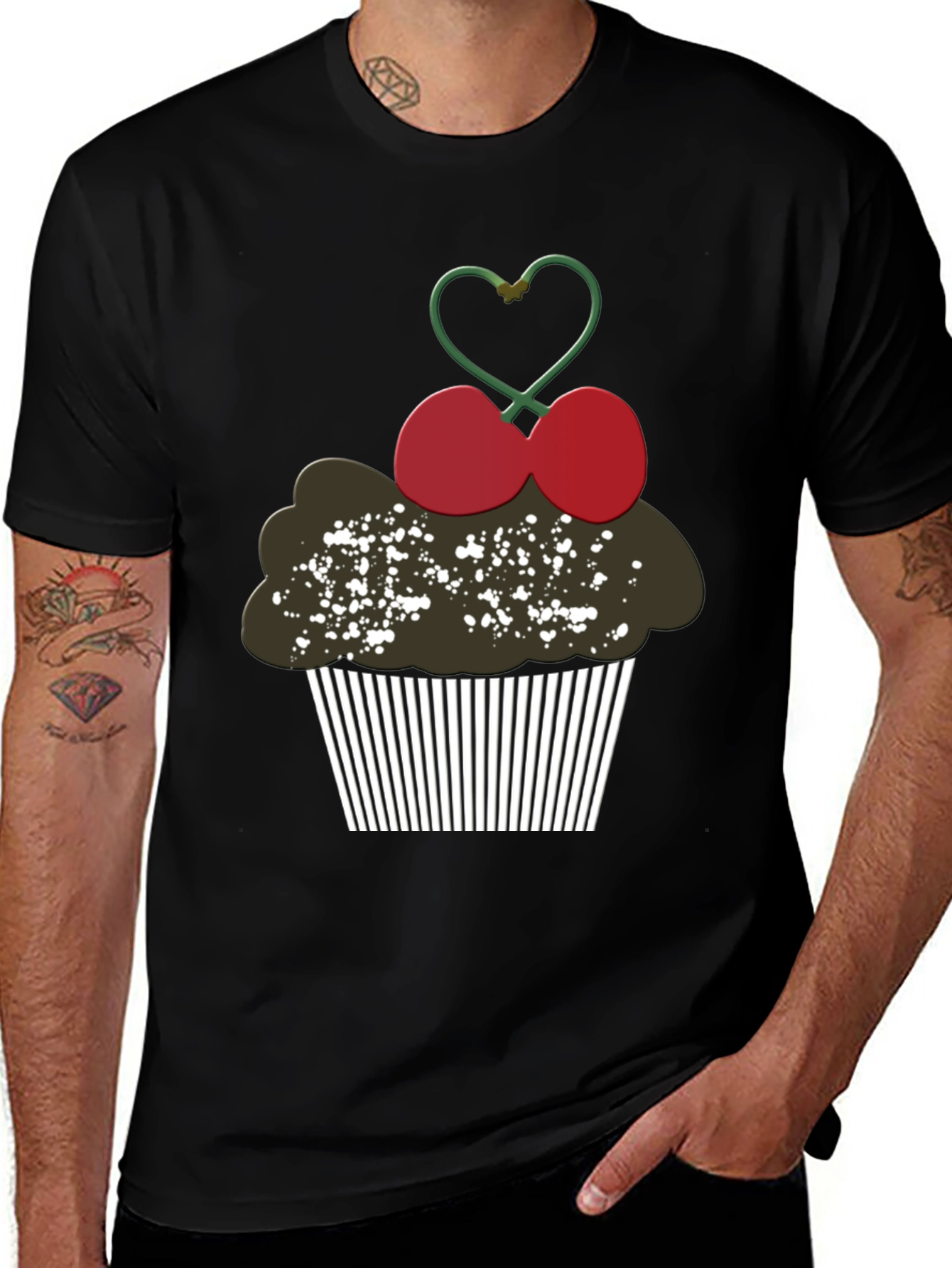 Cupcake Cherry Heart Graphic Tee - Black