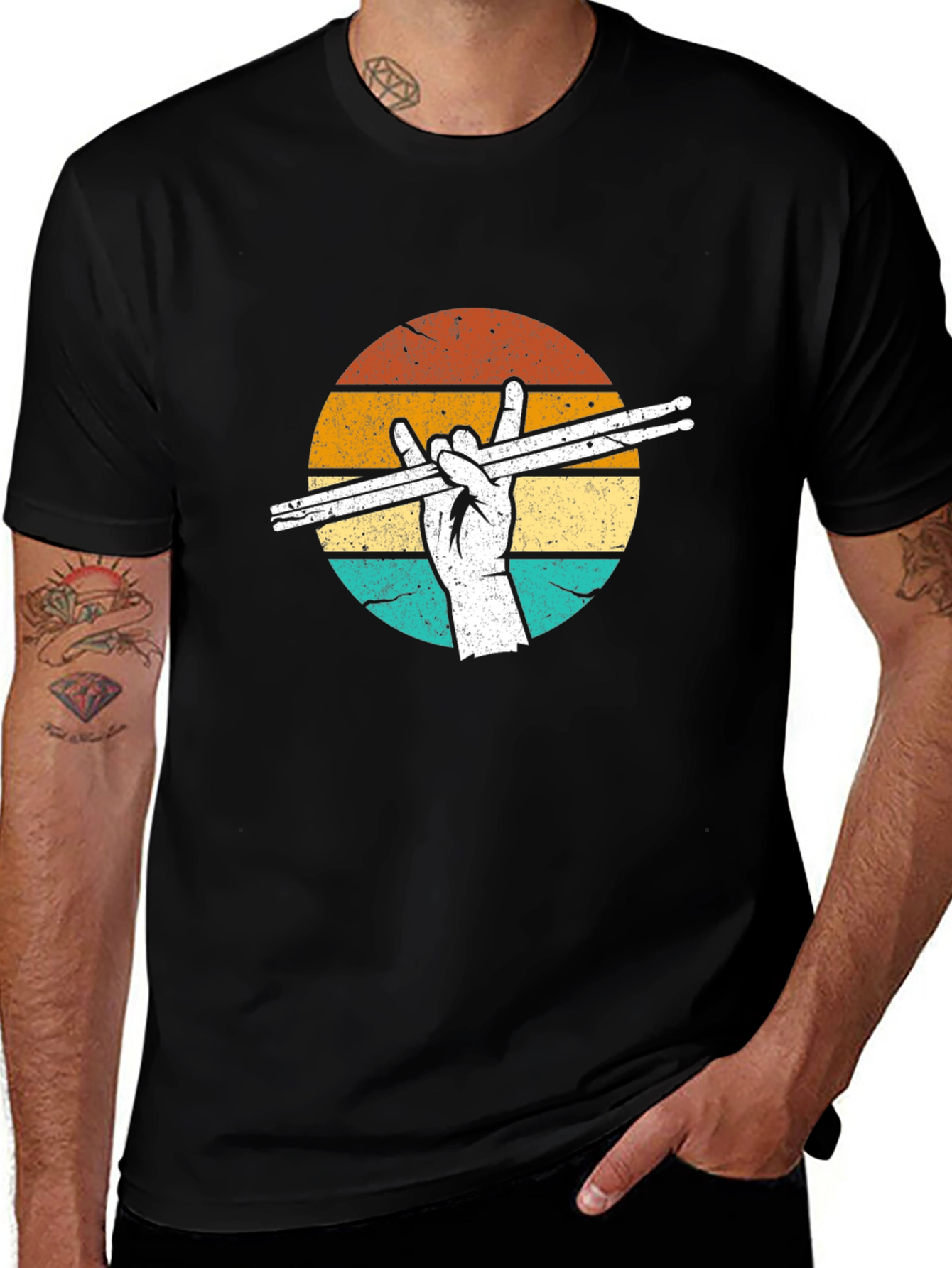 Variant 15 of Retro Drummer T-Shirt: Rock Hand Drumsticks Graphic Tee