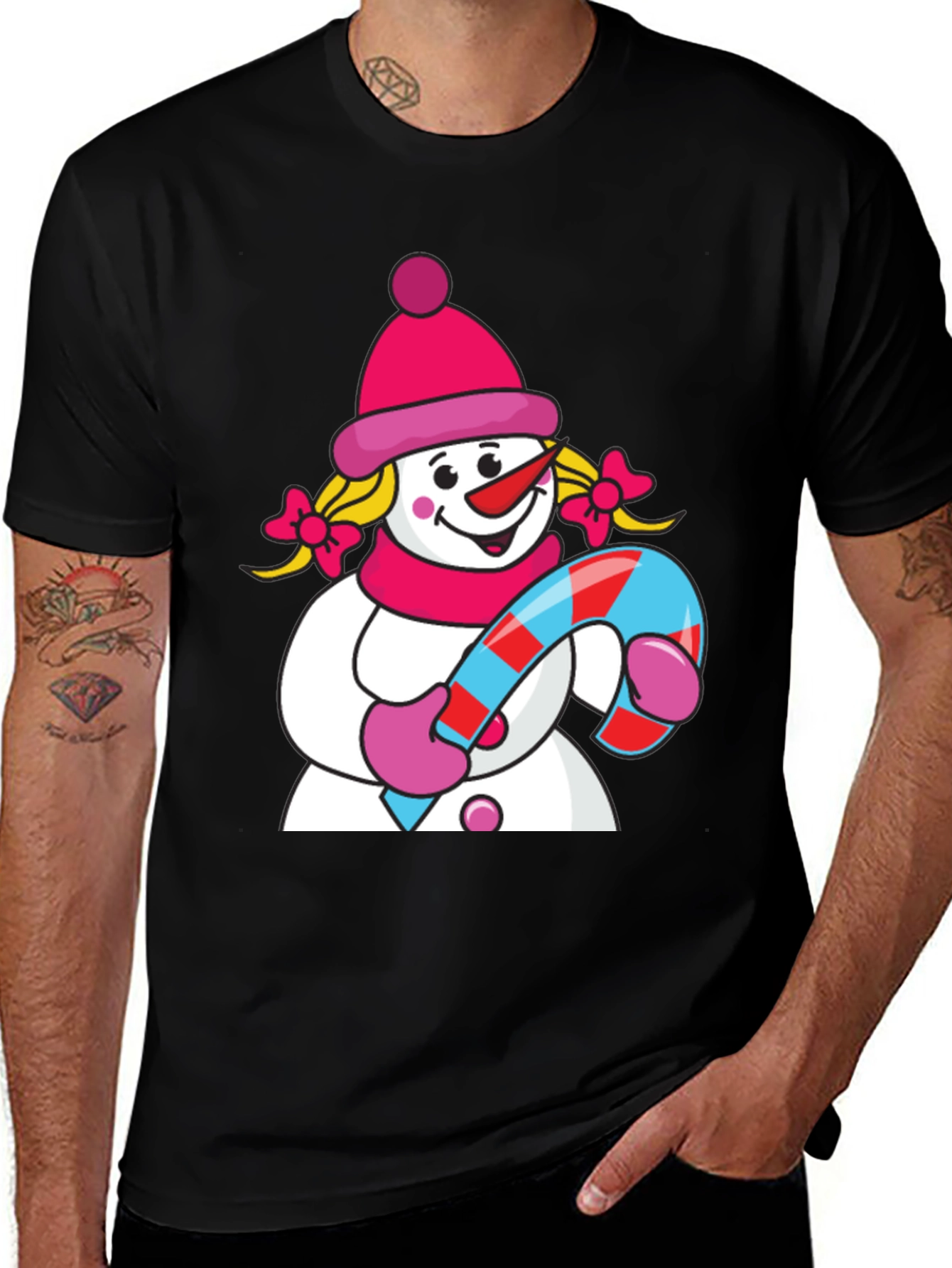 Variant 21 of Cute Snowman with Candy Cane Black T-Shirt
