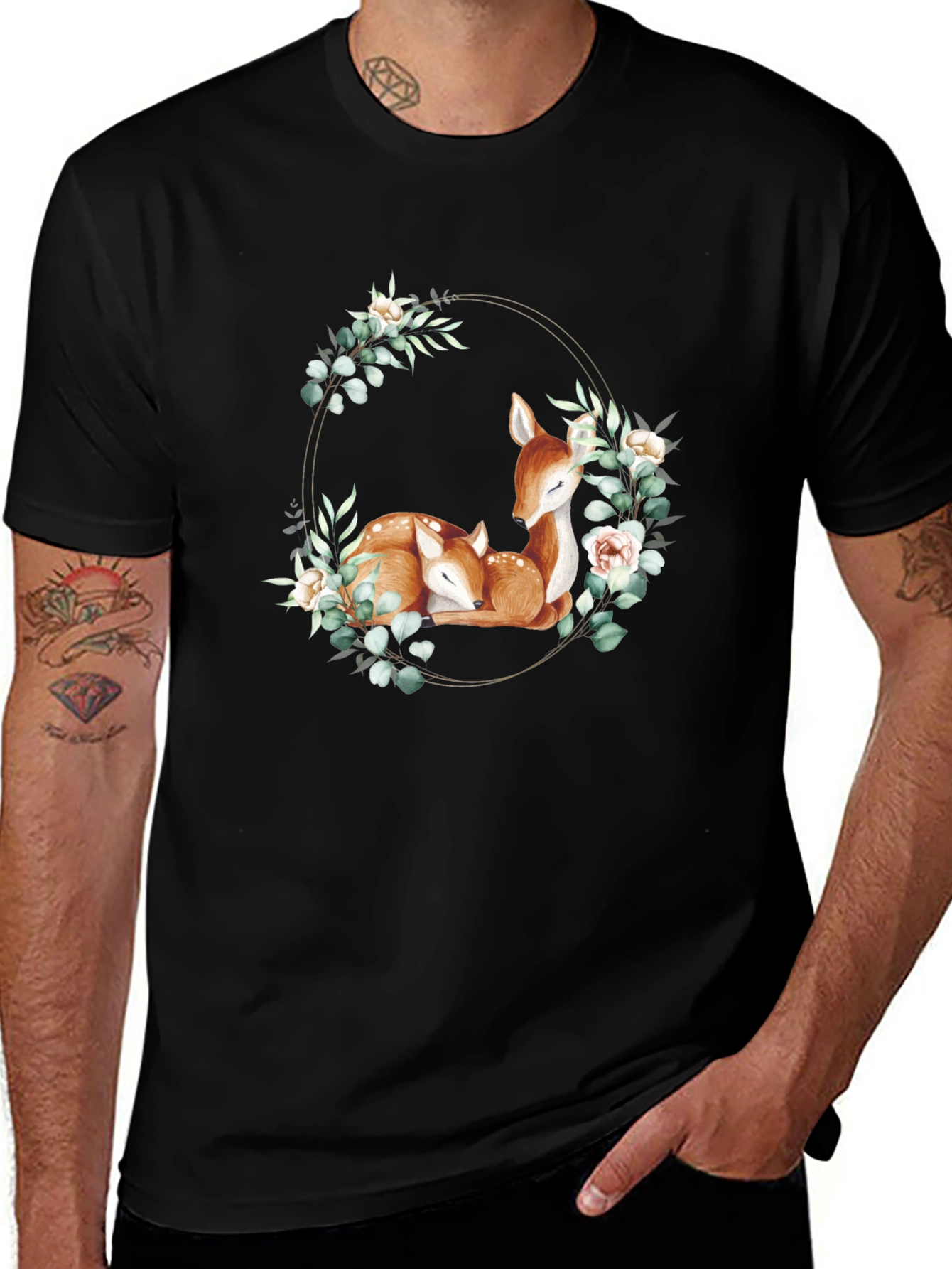 Variant 13 of Deer Floral Wreath Black T-Shirt
