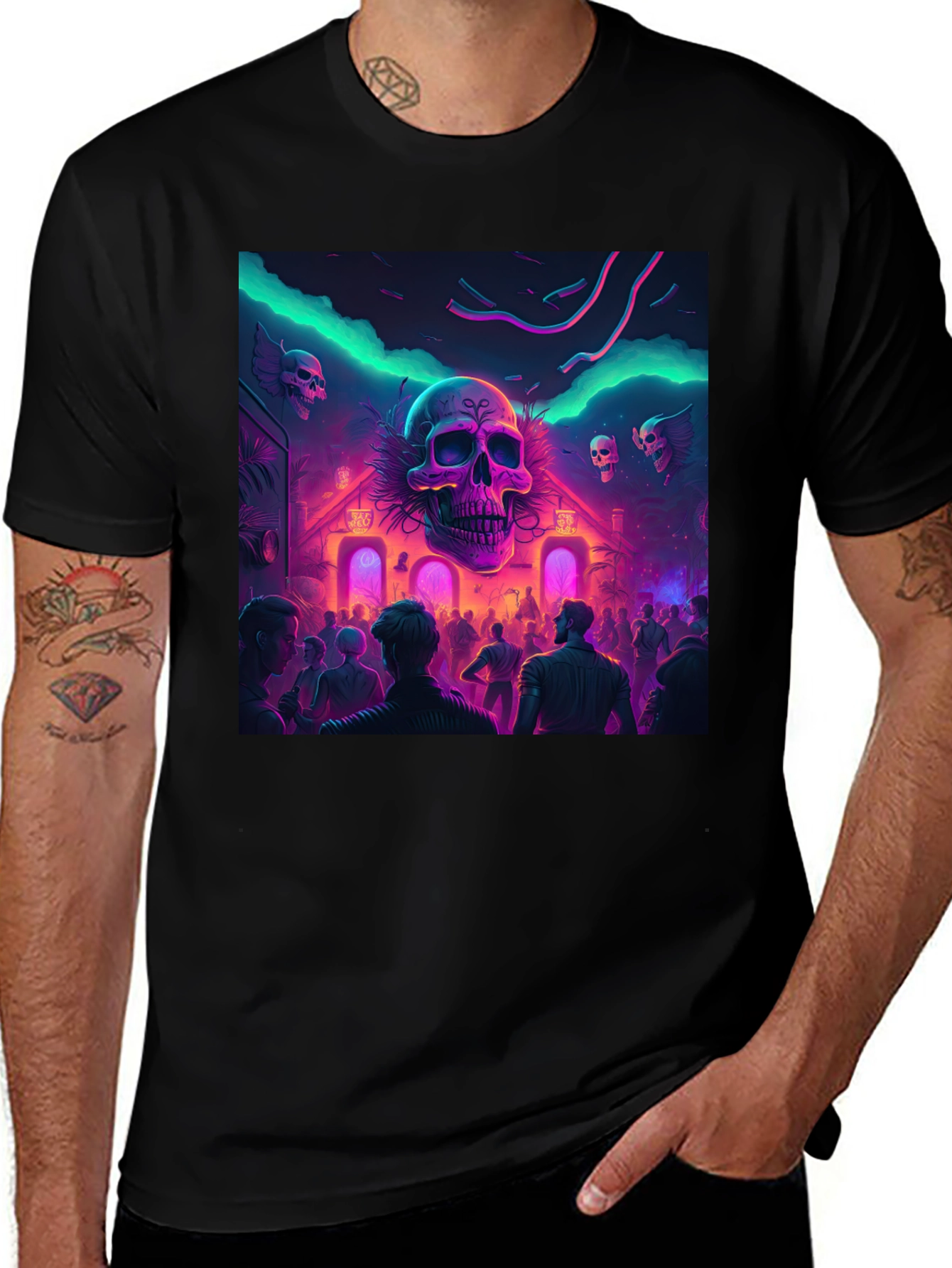 Variant 9 of Neon Skull Party Black T-Shirt