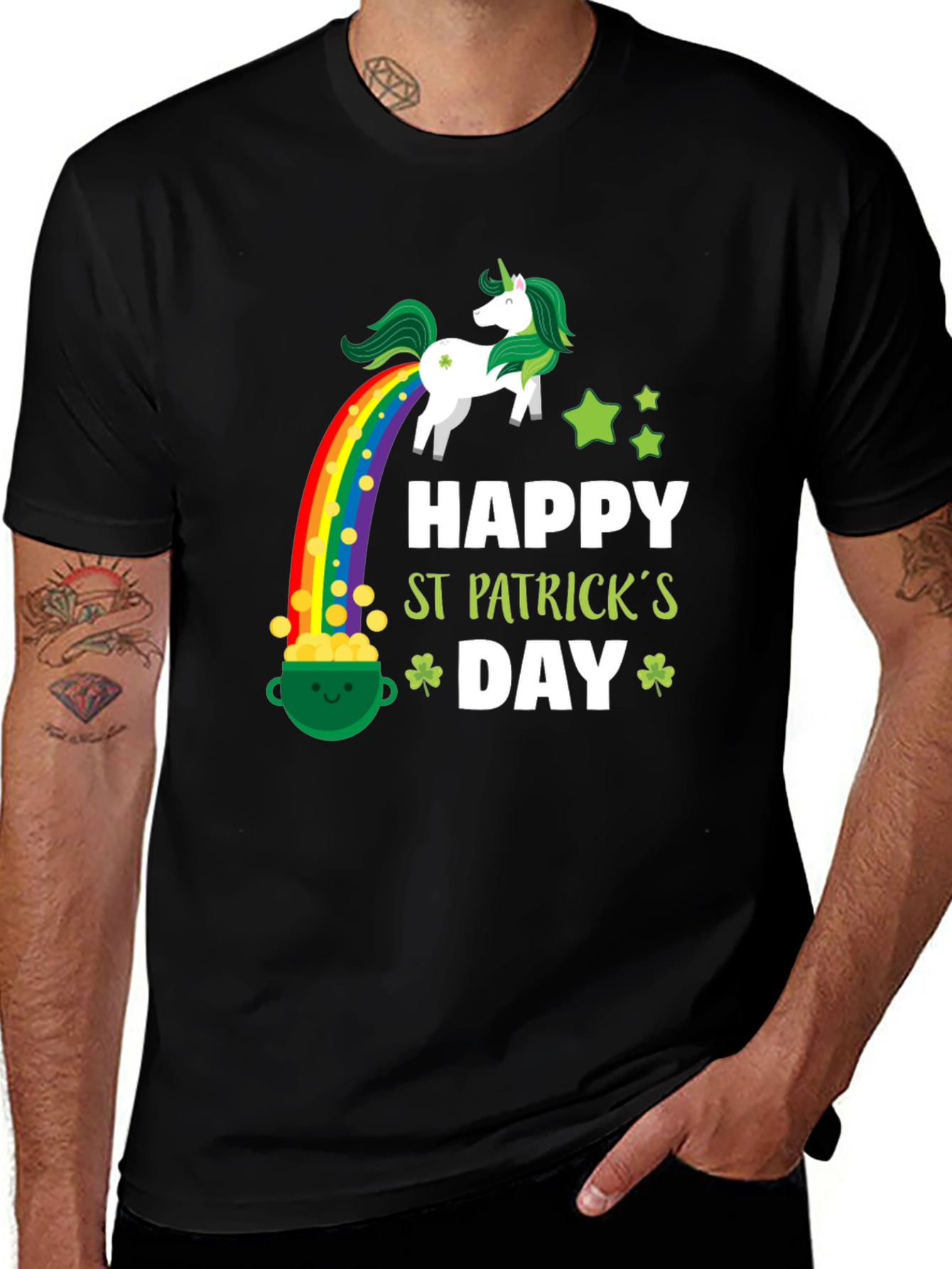 St. Patrick's Day Unicorn Rainbow Black T-Shirt