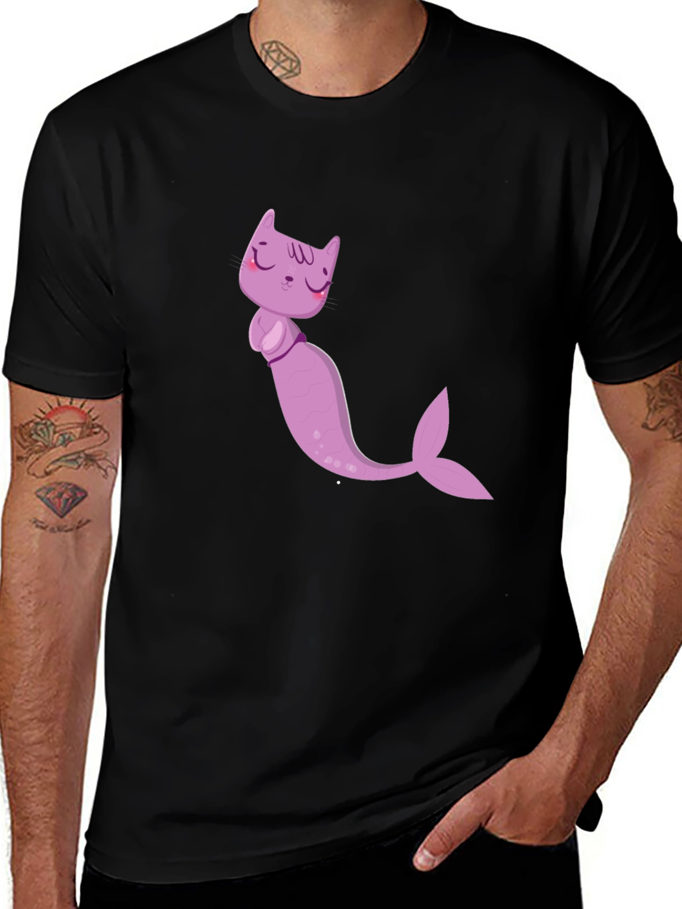 Variant 7 of Cute Cat Mermaid Graphic T-Shirt - Black