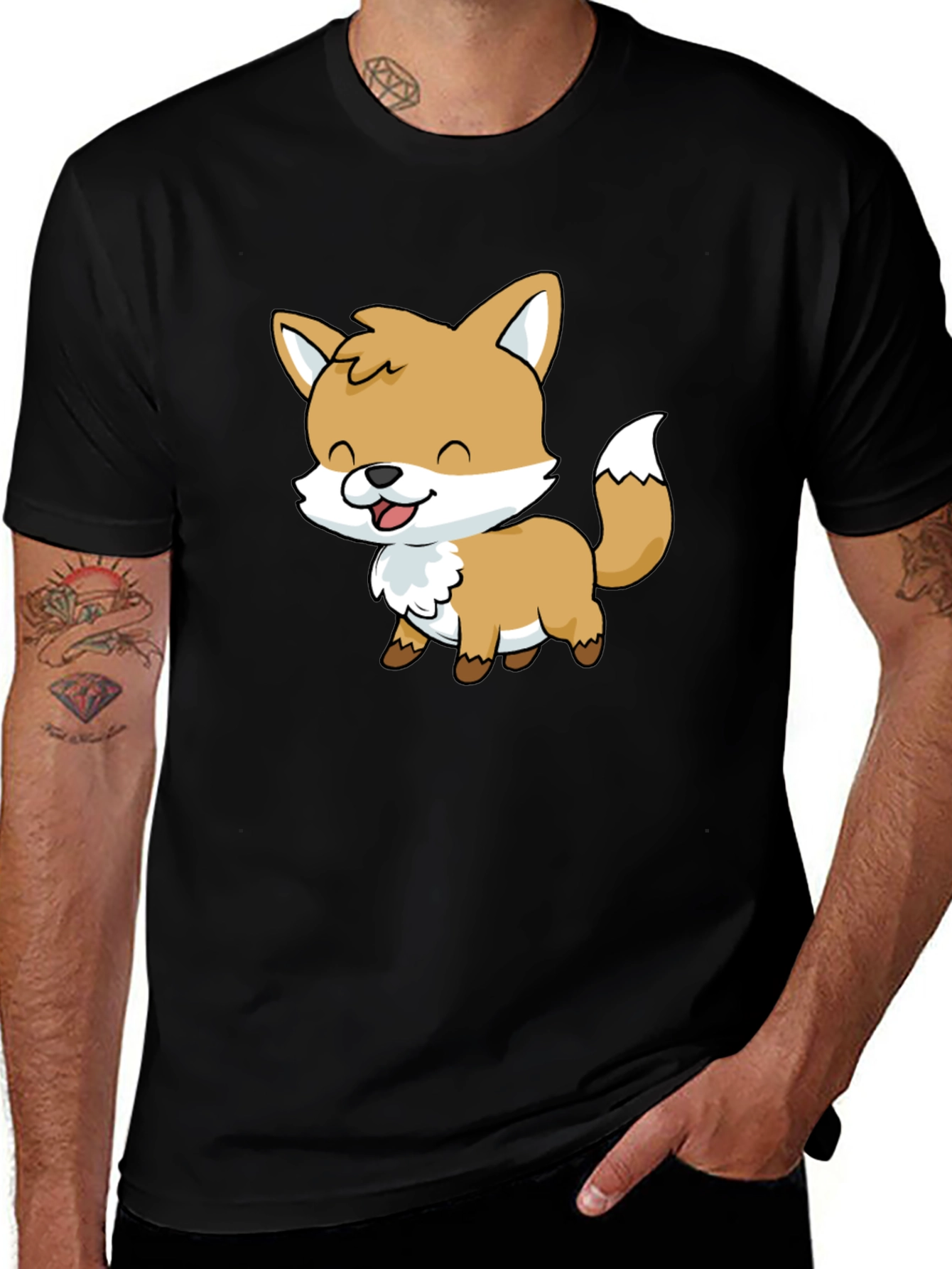 Cute Cartoon Fox Graphic Black T-Shirt