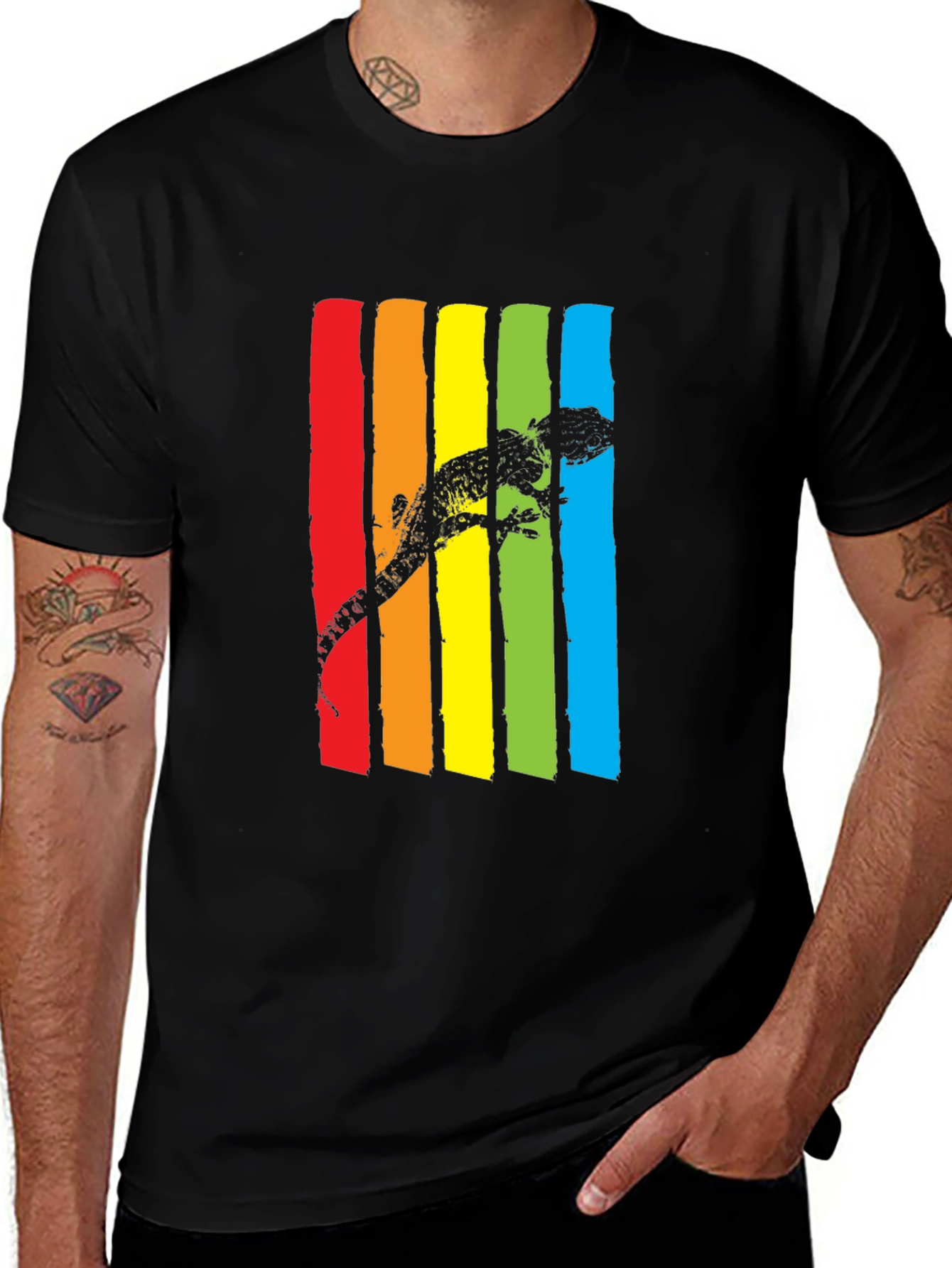 Variant 17 of Lizard Rainbow Stripe Graphic Tee - Men's Black T-Shirt