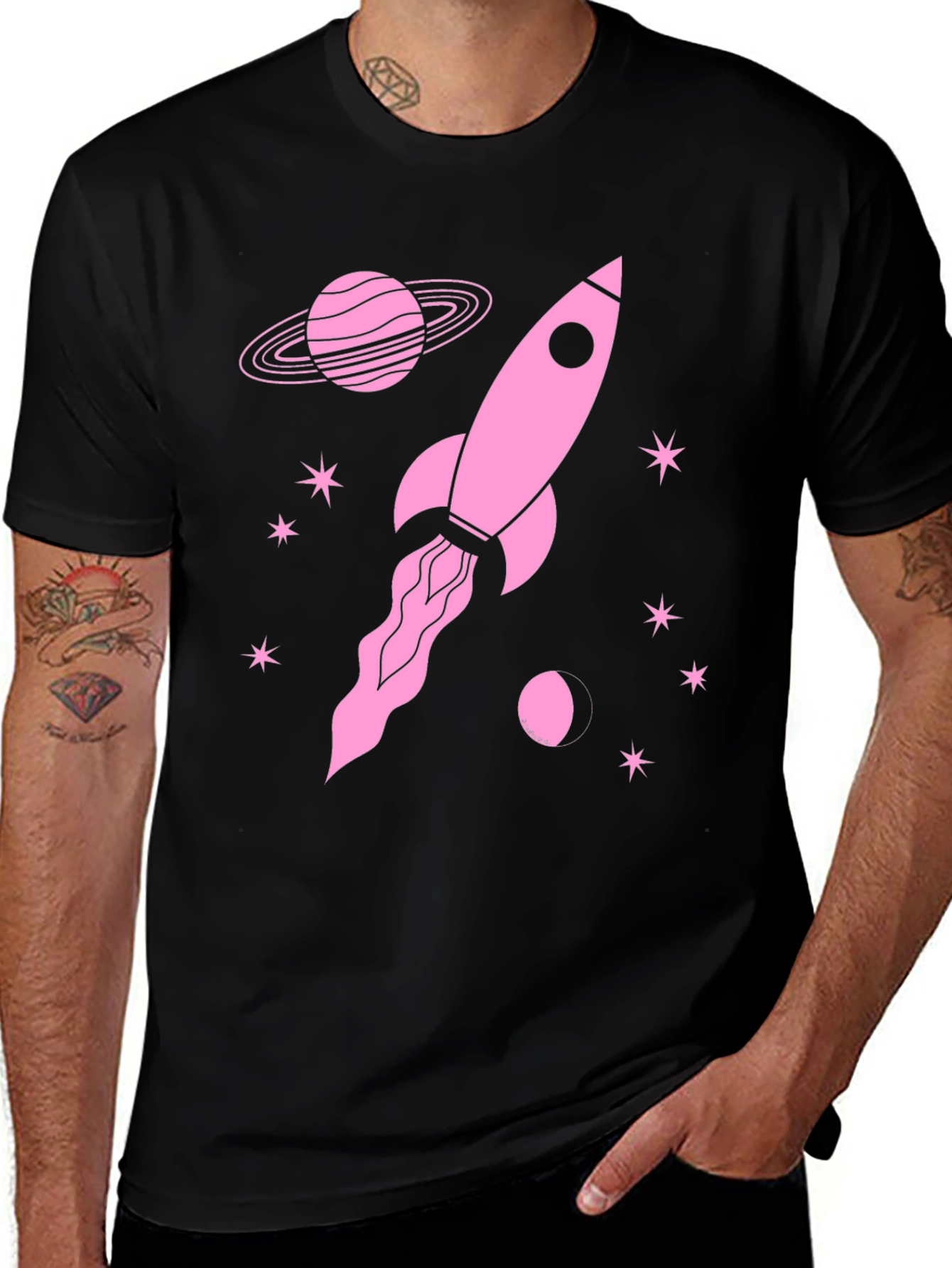 Variant 3 of Rocket in Space Graphic Tee - Black Cotton