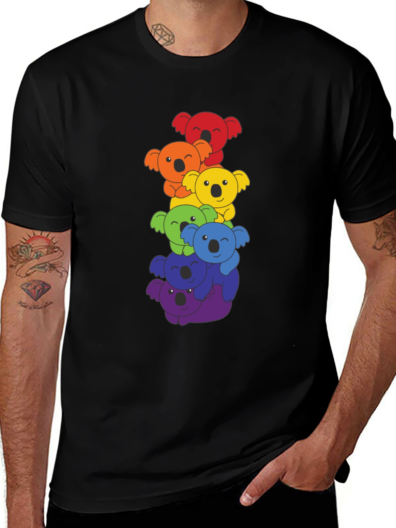 Black Rainbow Koala Stack Graphic Tee - Black Cotton Shirt main image