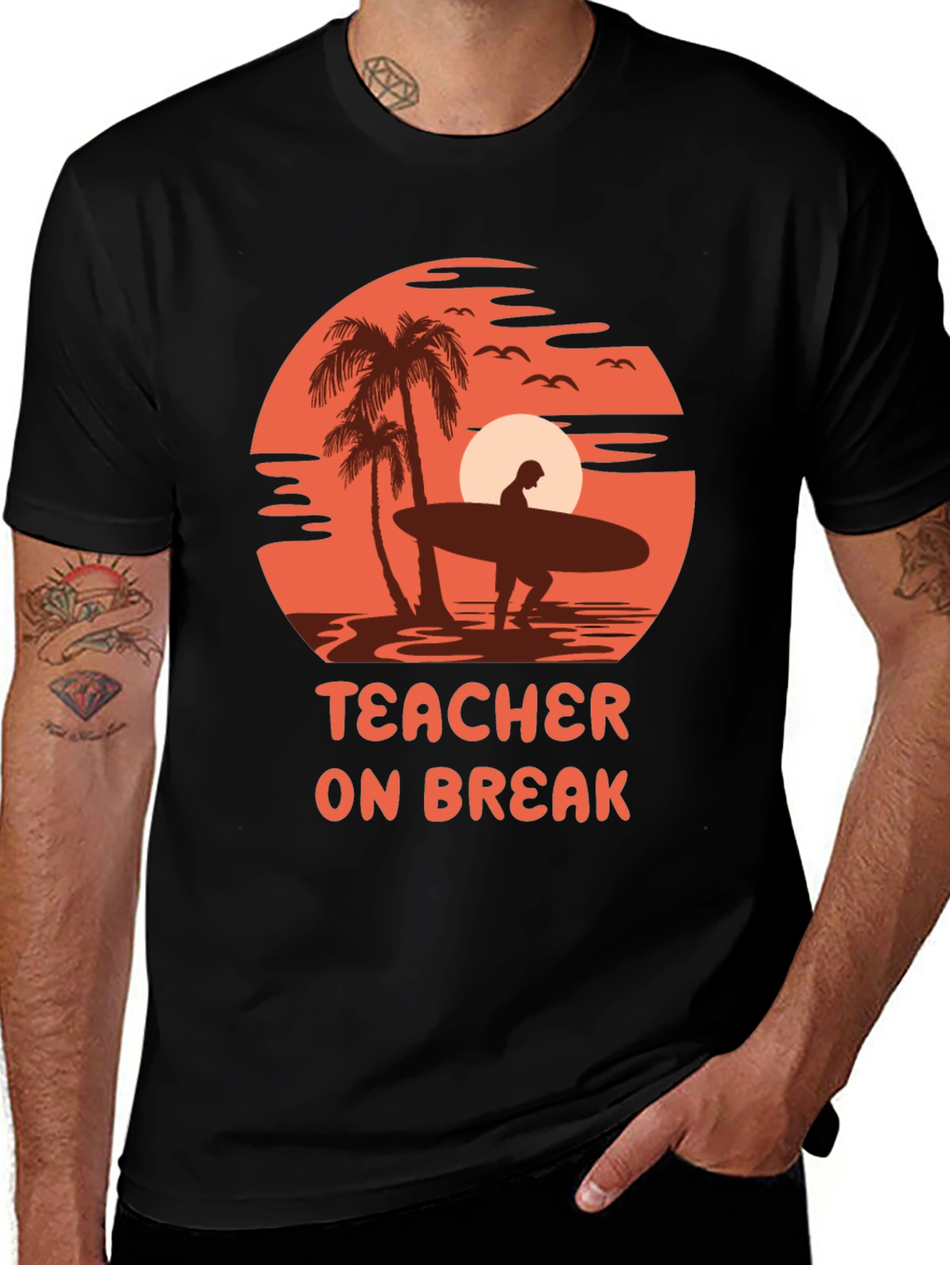 Variant 24 of Teacher On Break Graphic T-Shirt - Surfer Palm Tree Sunset