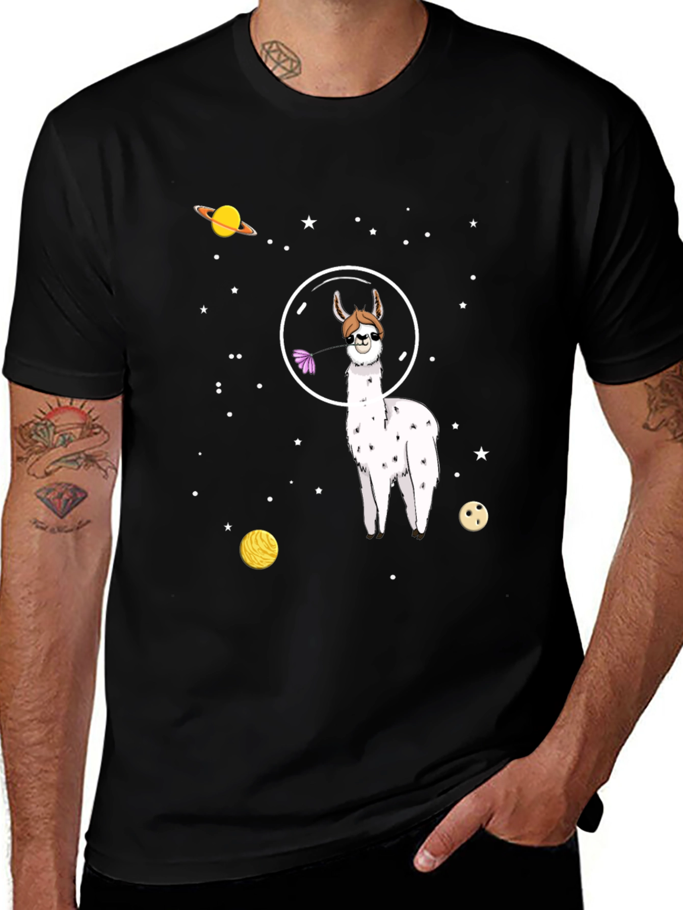 Variant 29 of Space Llama Graphic Tee - Black Cotton T-Shirt