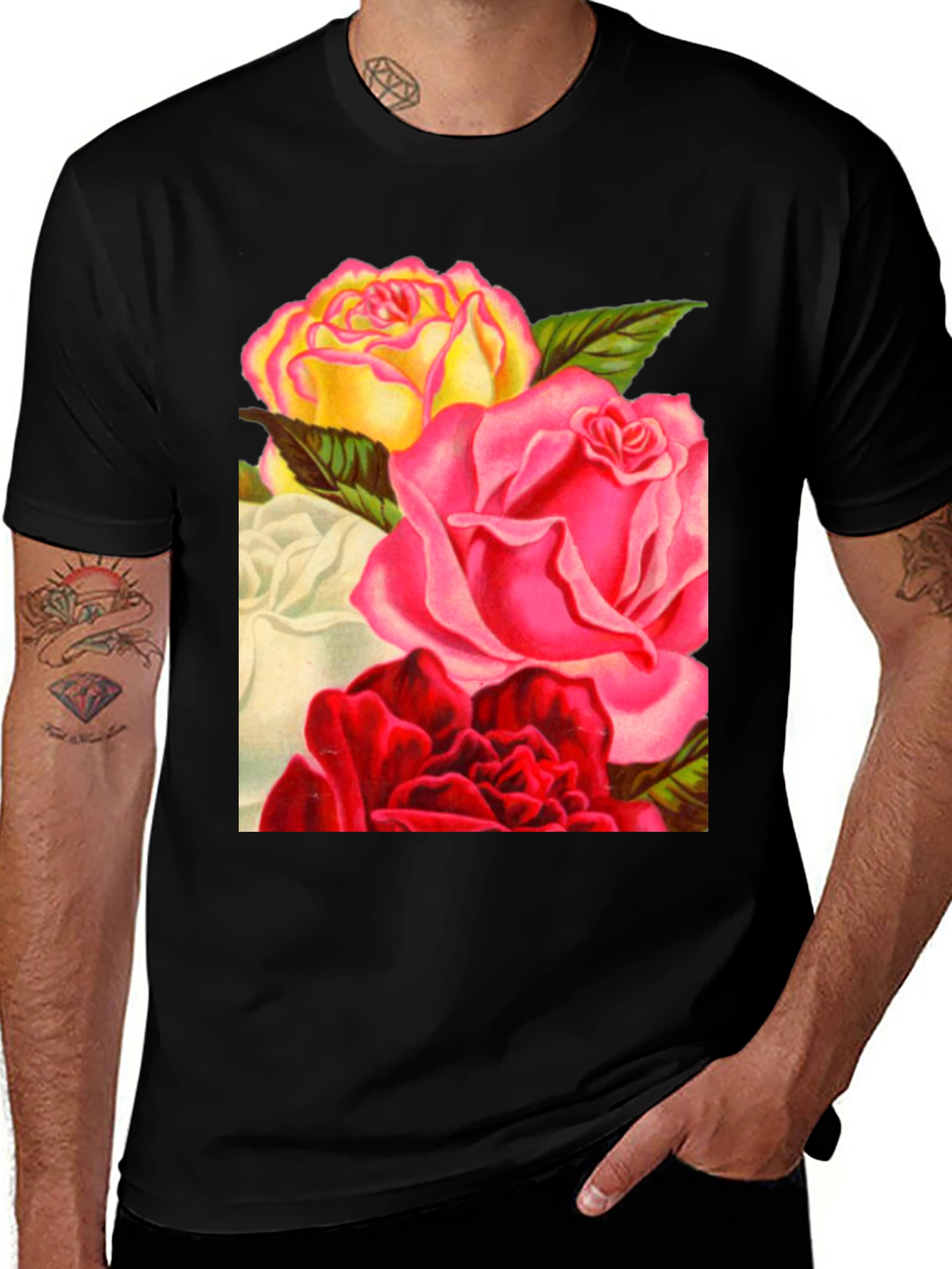Variant 19 of Floral Roses Graphic Tee - Black Casual T-Shirt
