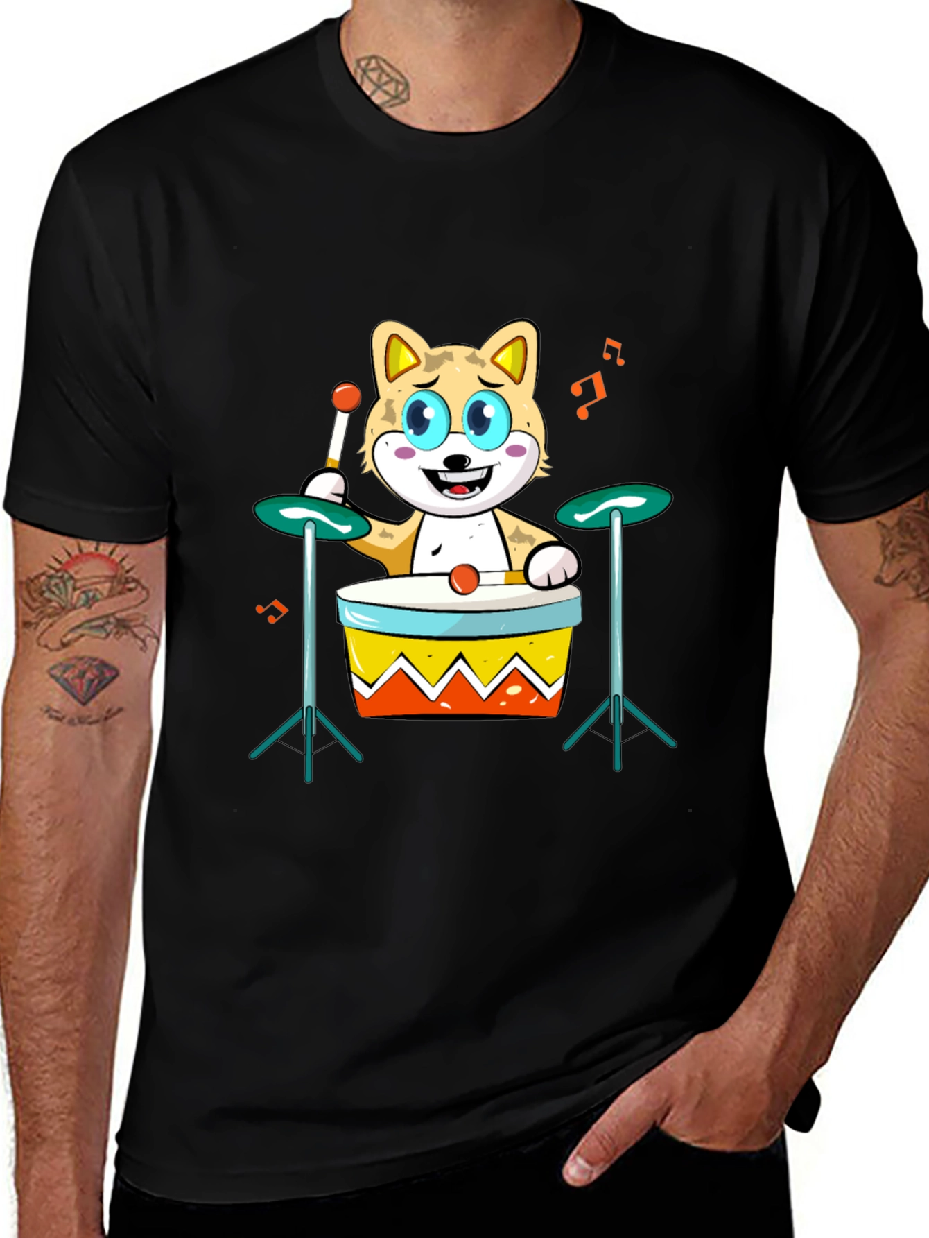 Variant 10 of Cartoon Cat Drummer T-Shirt - Cool Music Lover Tee
