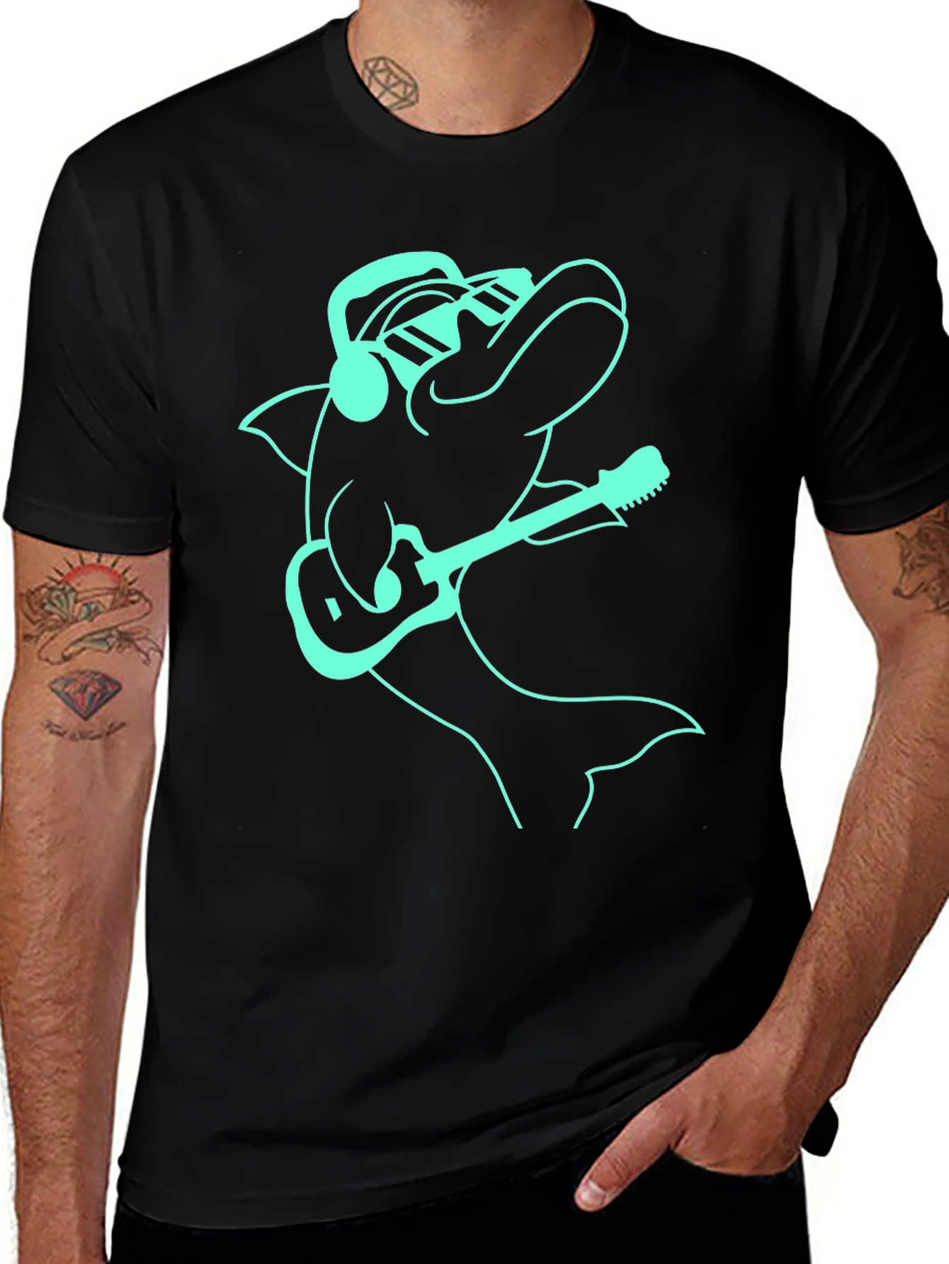 Variant 29 of Cool Dolphin Guitarist Graphic Tee - Black