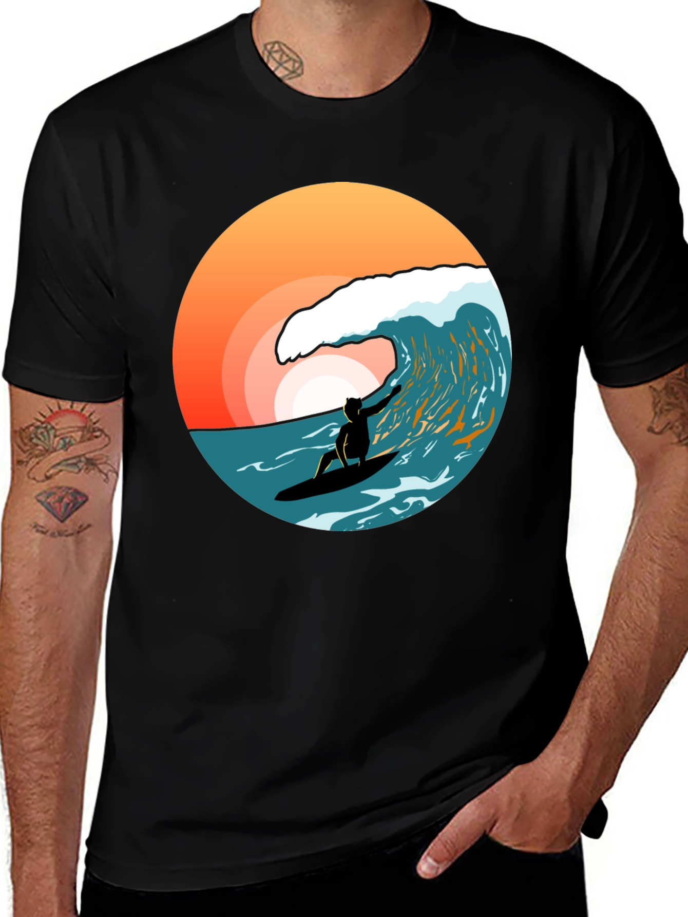 Variant 7 of Surfer Wave T-Shirt - Black Cotton Tee