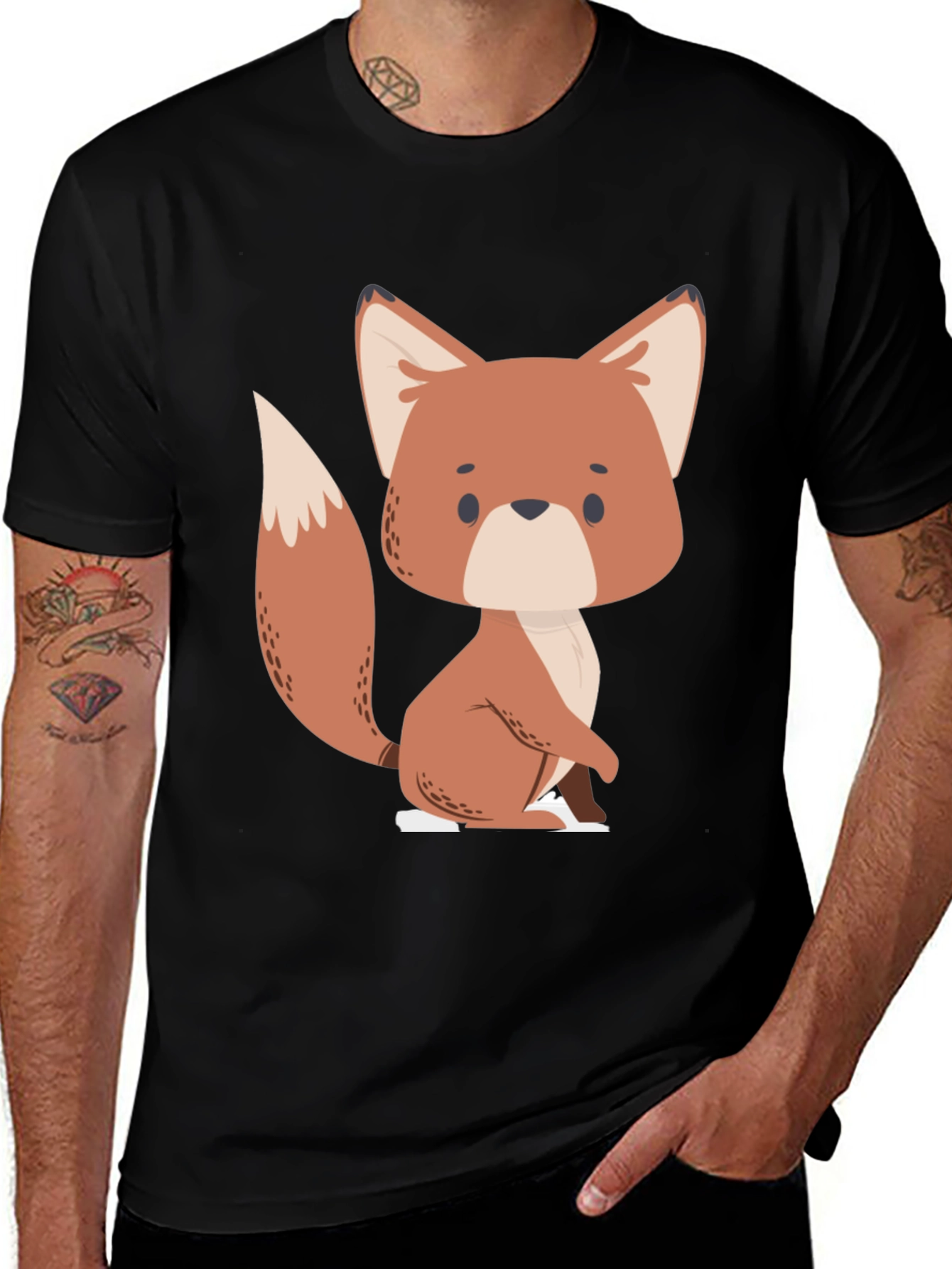 Variant 17 of Cute Cartoon Fox Graphic Black T-Shirt