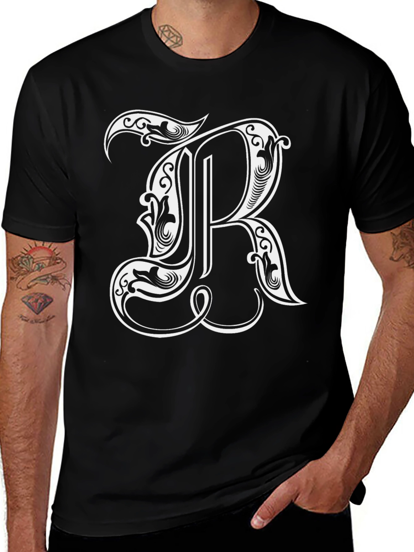Variant 9 of Ornate Initial 'R' Black Graphic T-Shirt