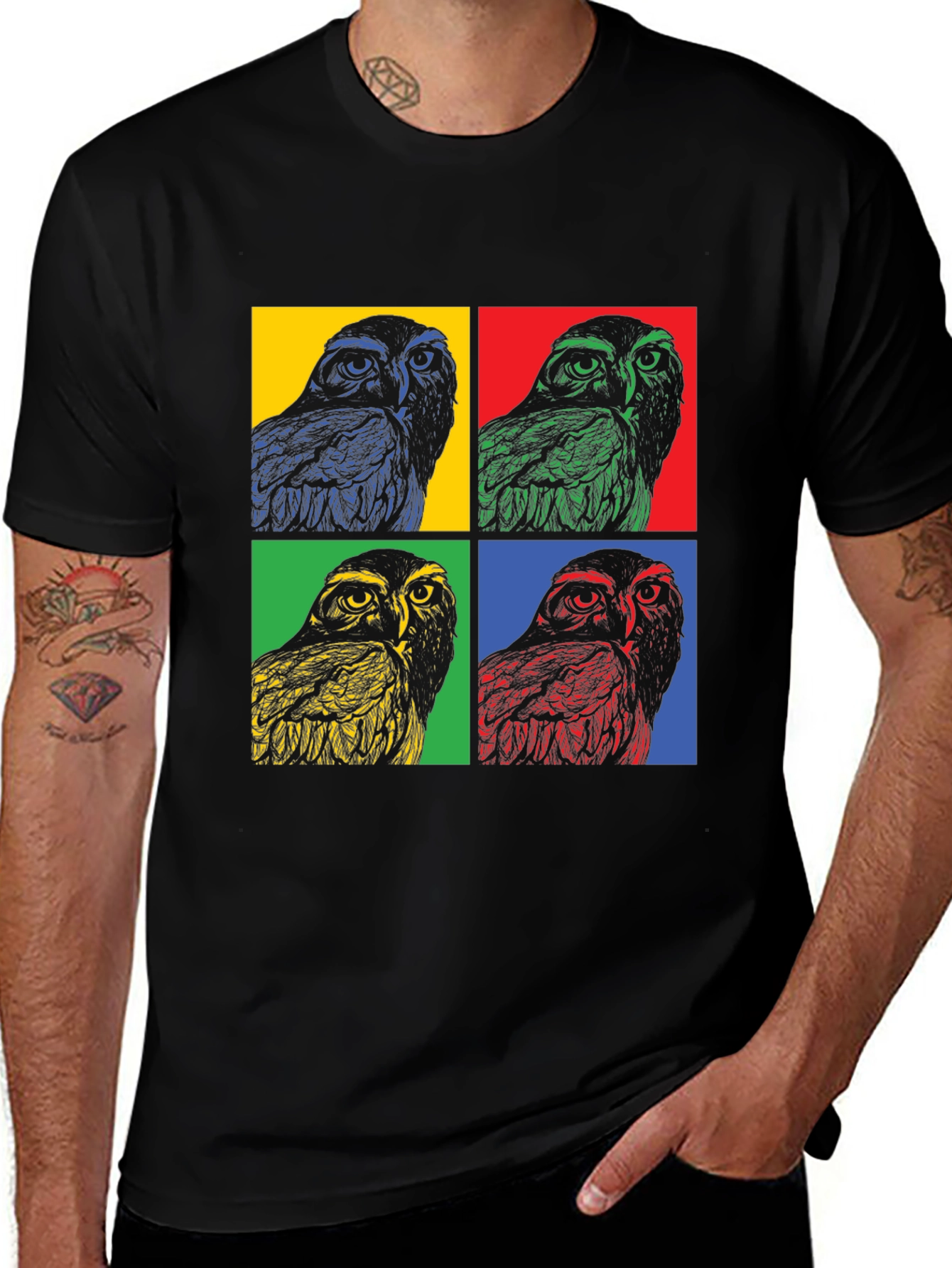 Variant 26 of Pop Art Owl T-Shirt, Graphic Tee, Men's Black Cotton