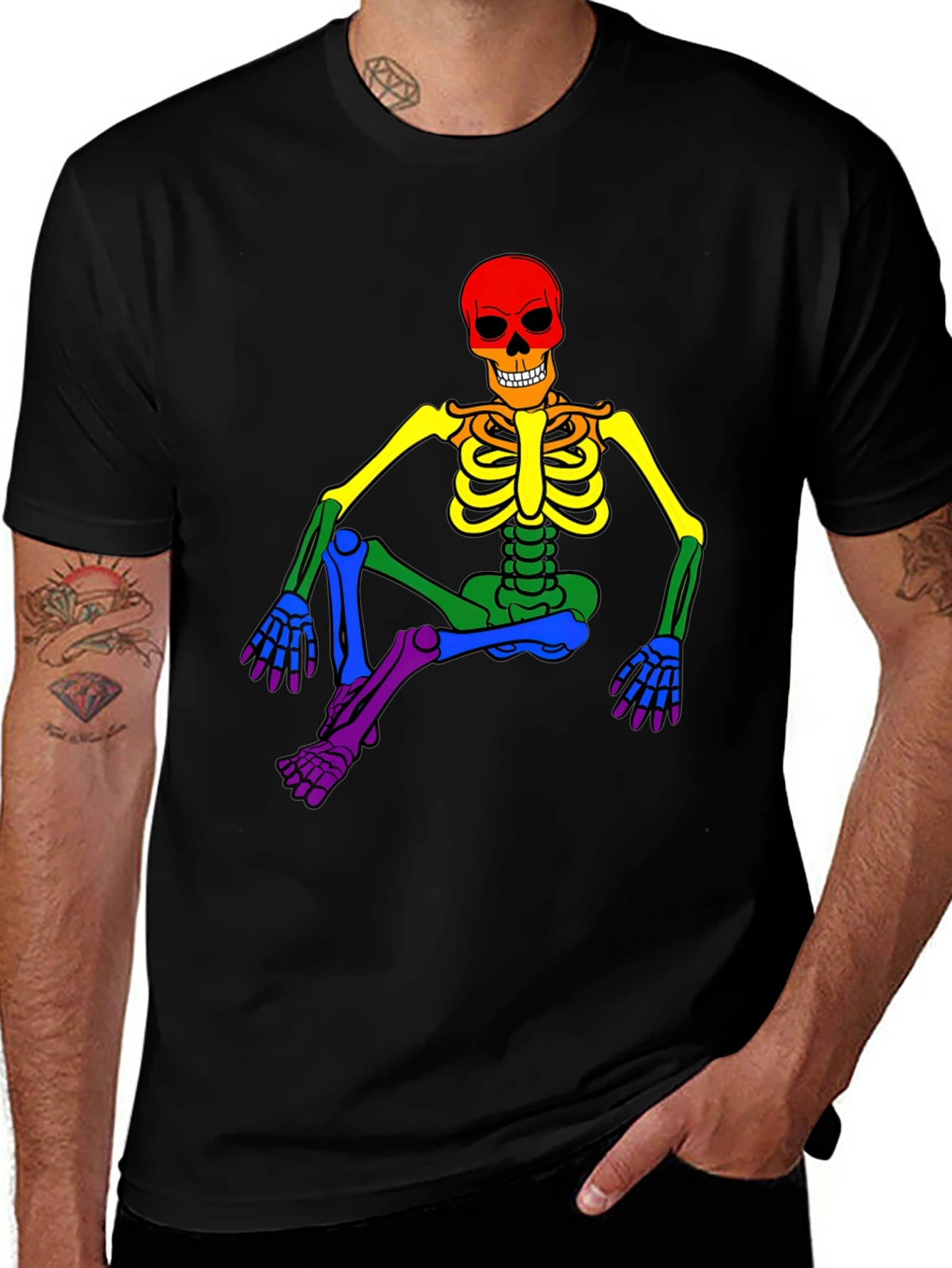 Variant 16 of Rainbow Skeleton Graphic Tee - Black Cotton Shirt