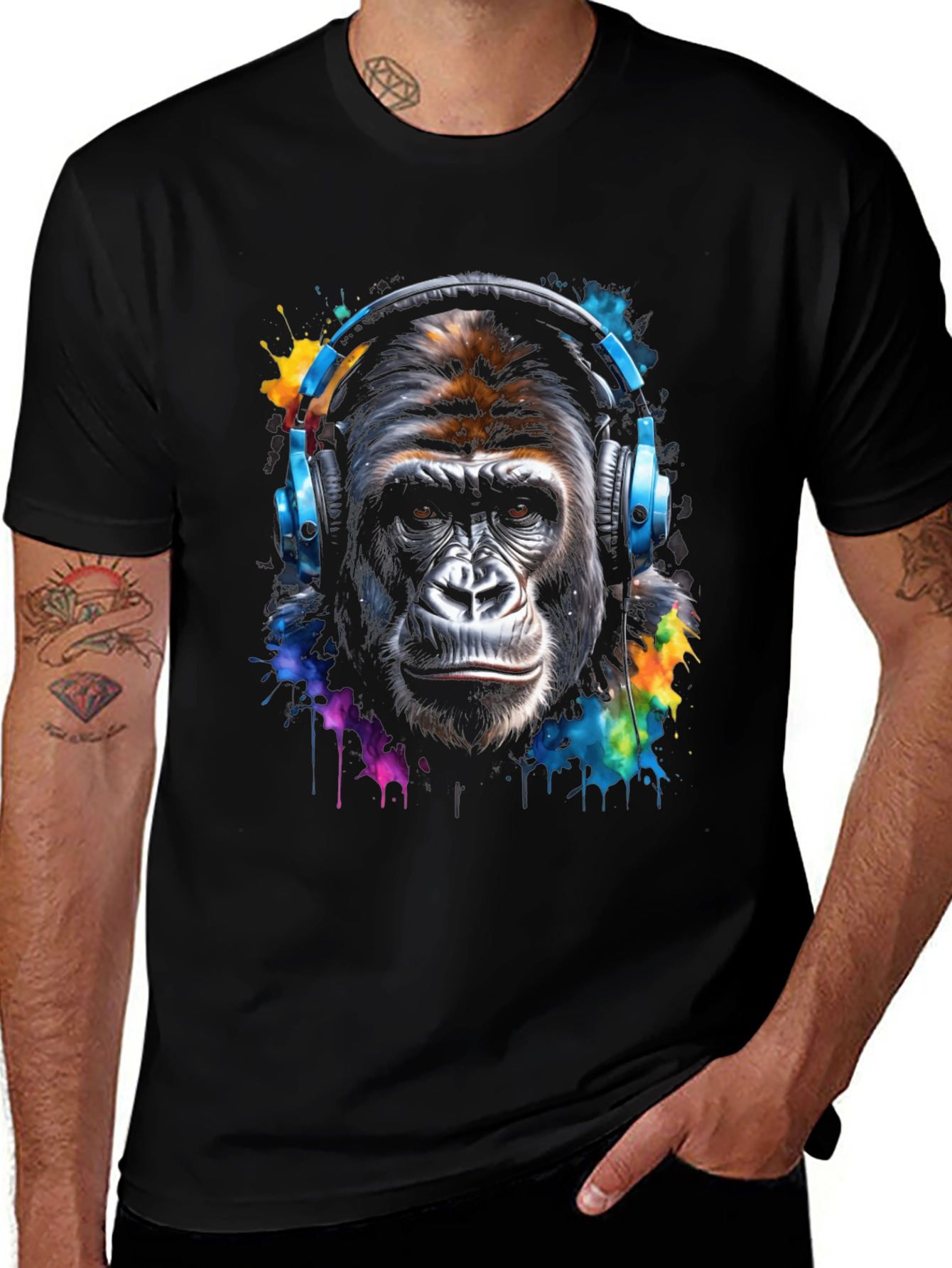 Variant 2 of Cool Gorilla Tee: Headphones & Watercolor Splash Art