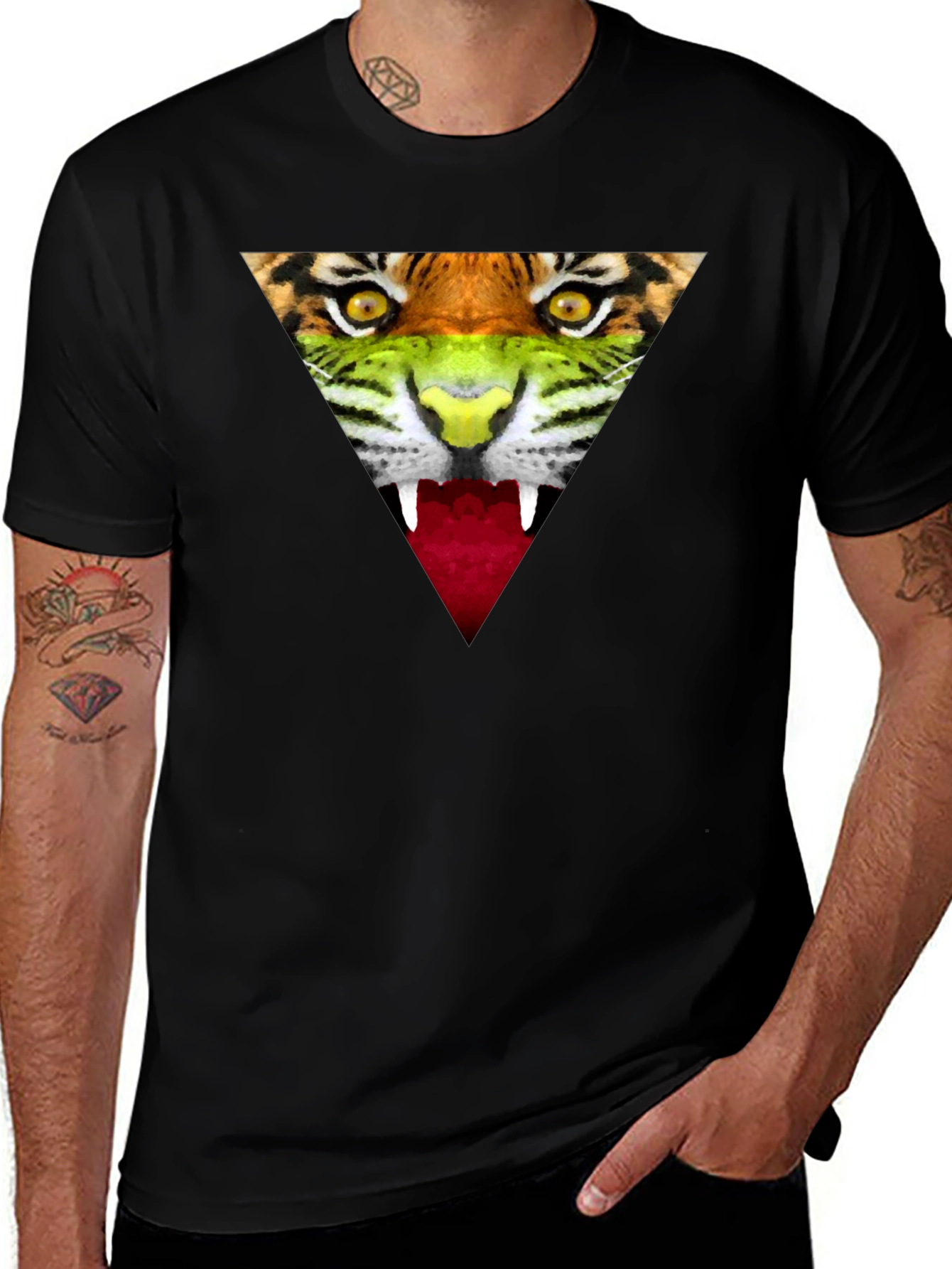 Variant 5 of Triangle Tiger Graphic Tee - Black Cotton Shirt