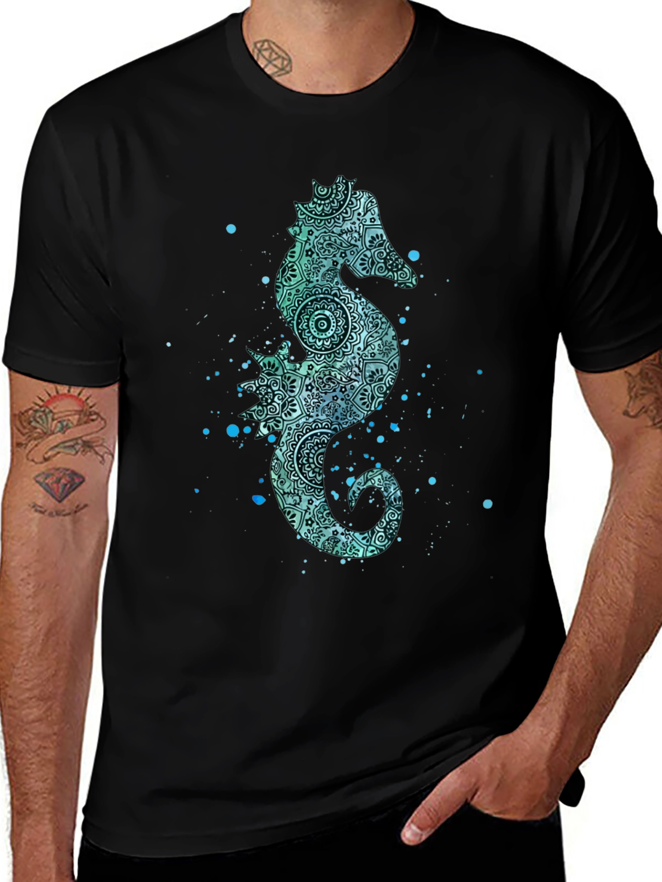 Variant 16 of Seahorse Graphic Tee - Men's Black Cotton T-Shirt