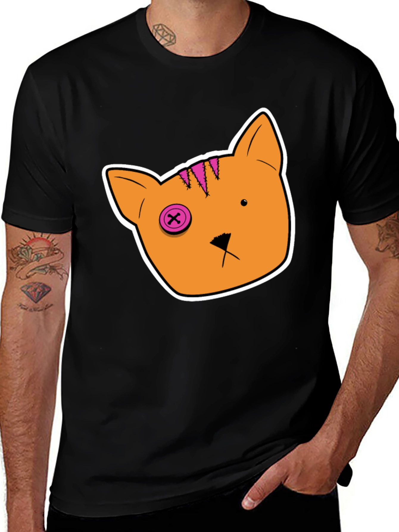 Variant 15 of Cartoon Cat Tee: Black Cotton T-Shirt
