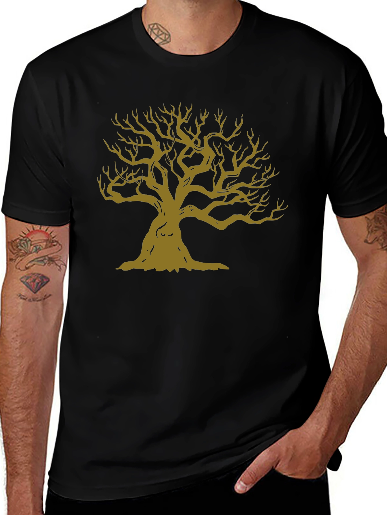 Variant 14 of Men's Black T-Shirt with Graphic Tree Design