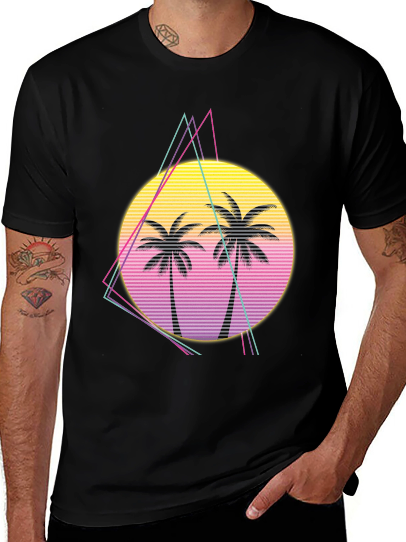 Variant 20 of Retro Palm Tree Sunset Graphic Tee - Black