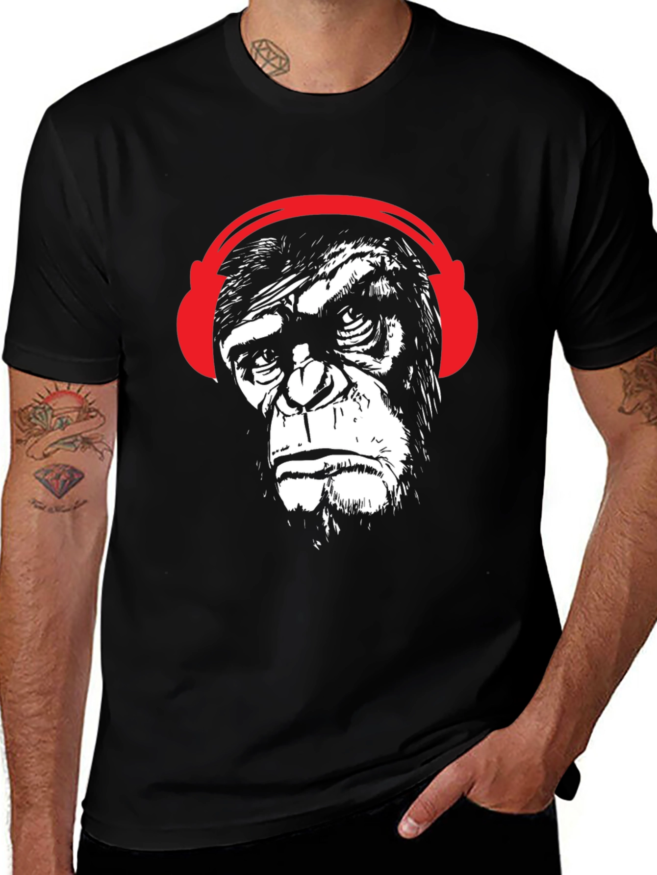 Variant 2 of Cool Ape with Headphones Graphic Tee - Black
