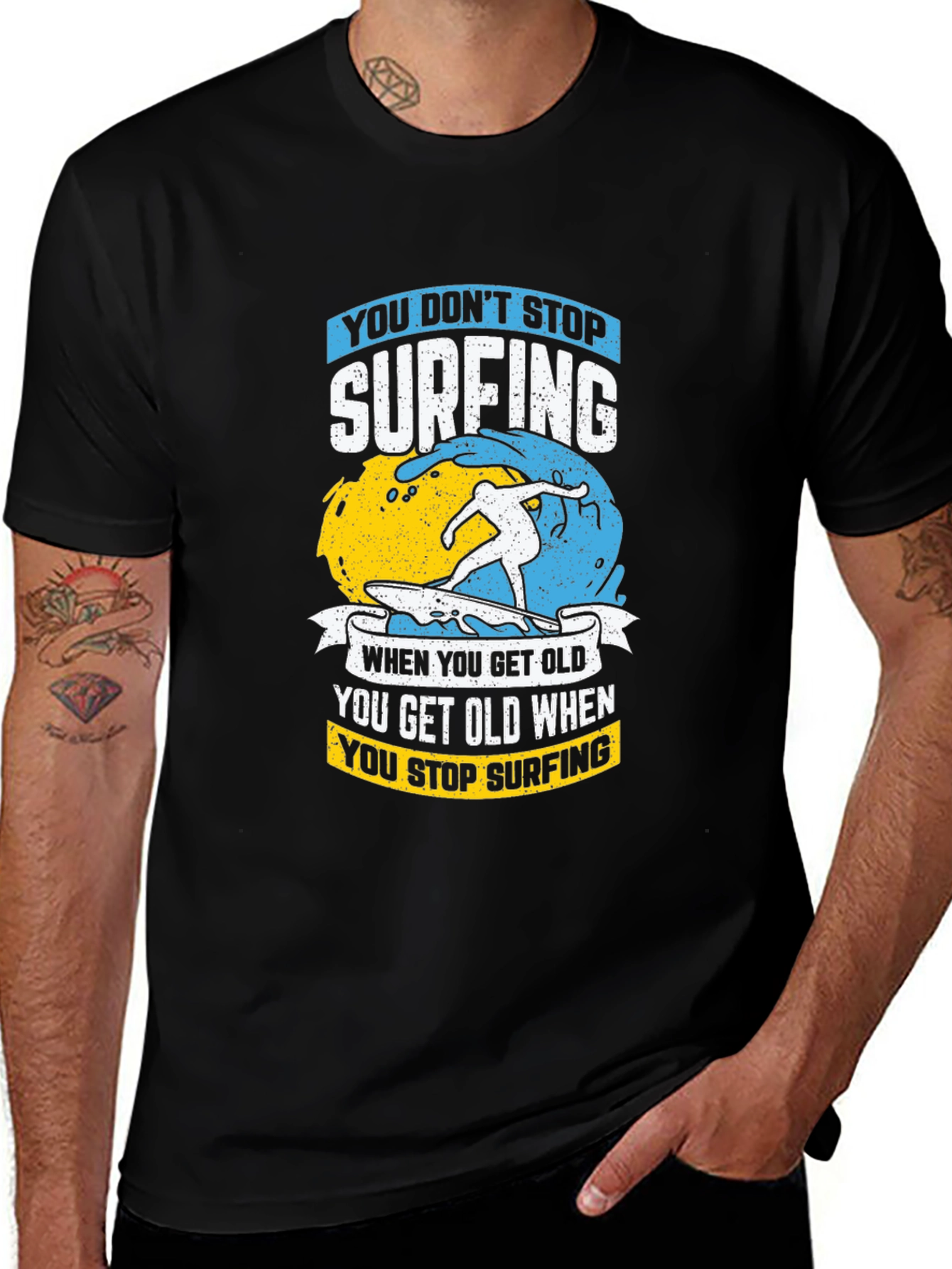 Black Surfing Graphic T-Shirt - Never Stop Surfing! main image