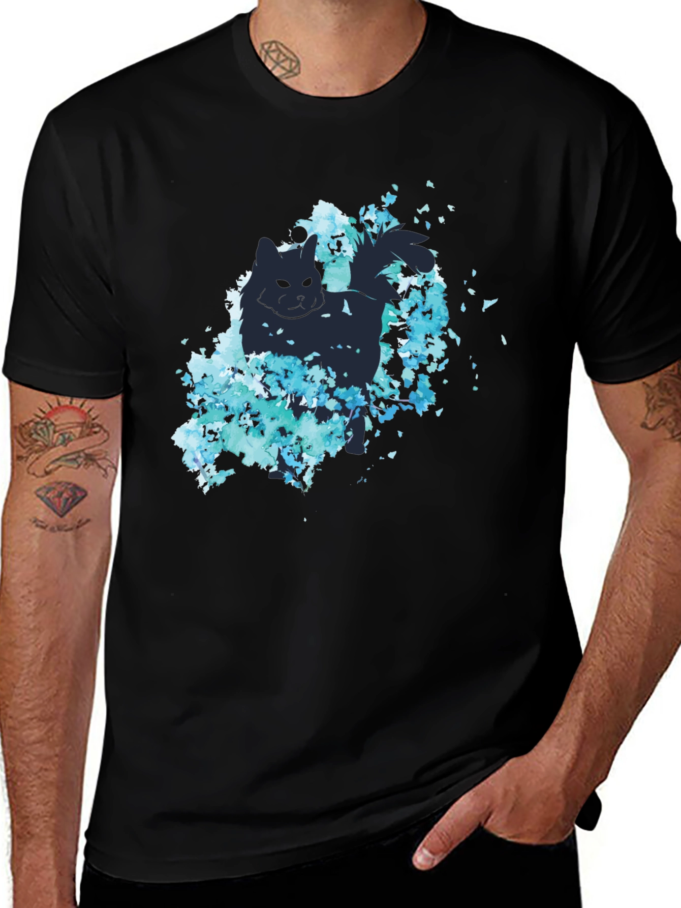 Variant 22 of Cat Silhouette Floral T-Shirt - Stylish Black Tee