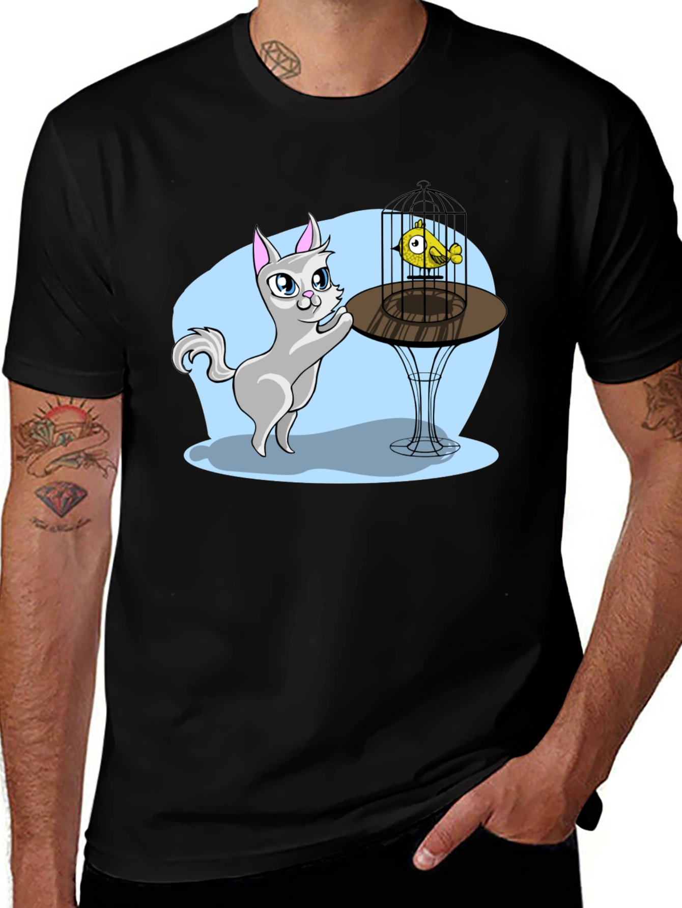 Variant 2 of Cat & Birdcage T-Shirt - Cartoon Graphic Tee
