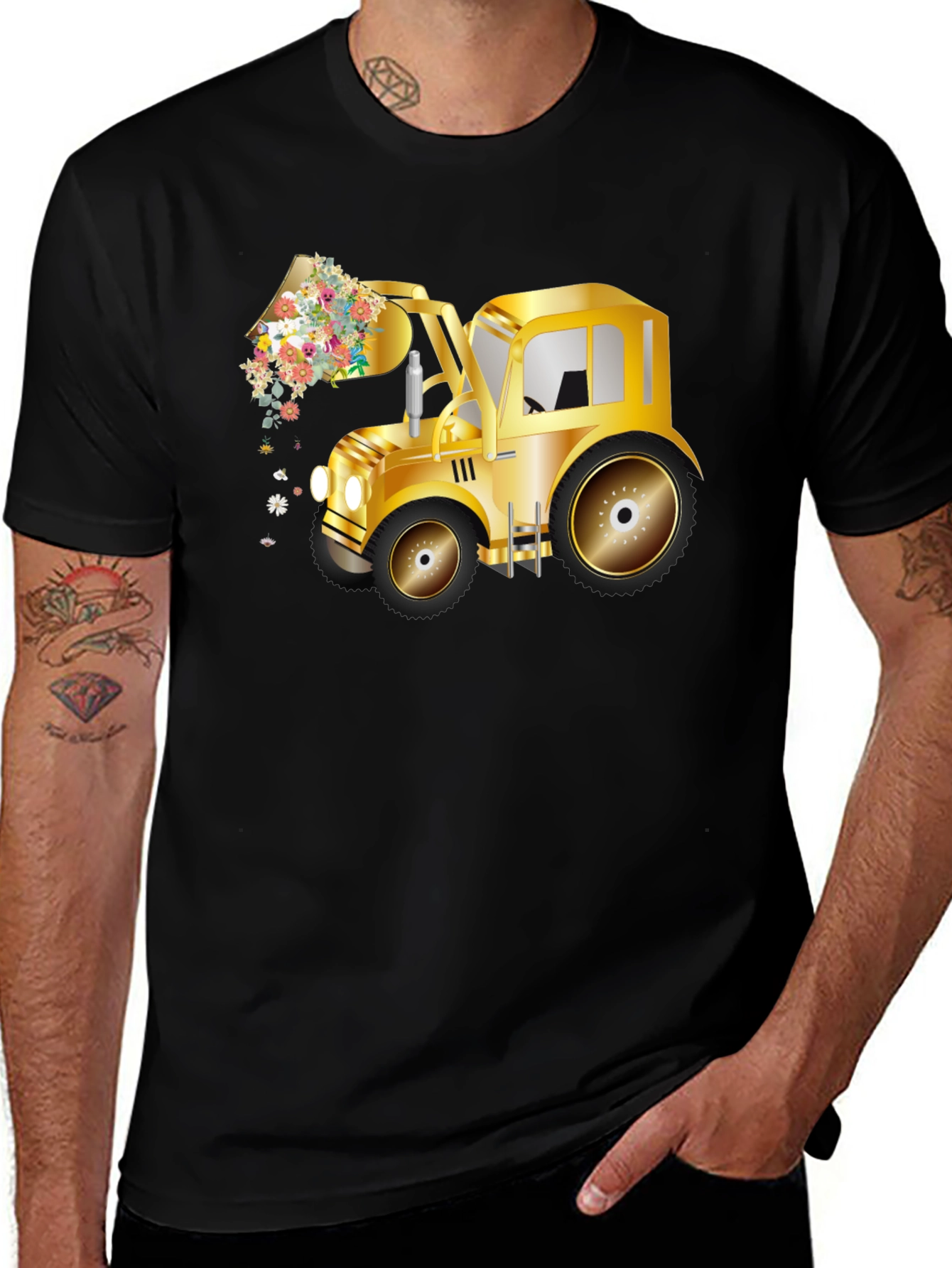 Variant 23 of Golden Tractor with Flowers T-Shirt