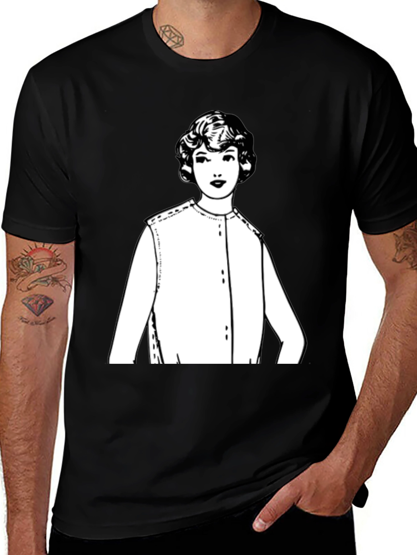 Variant 12 of Vintage Style Woman's Fashion Illustration Black T-Shirt