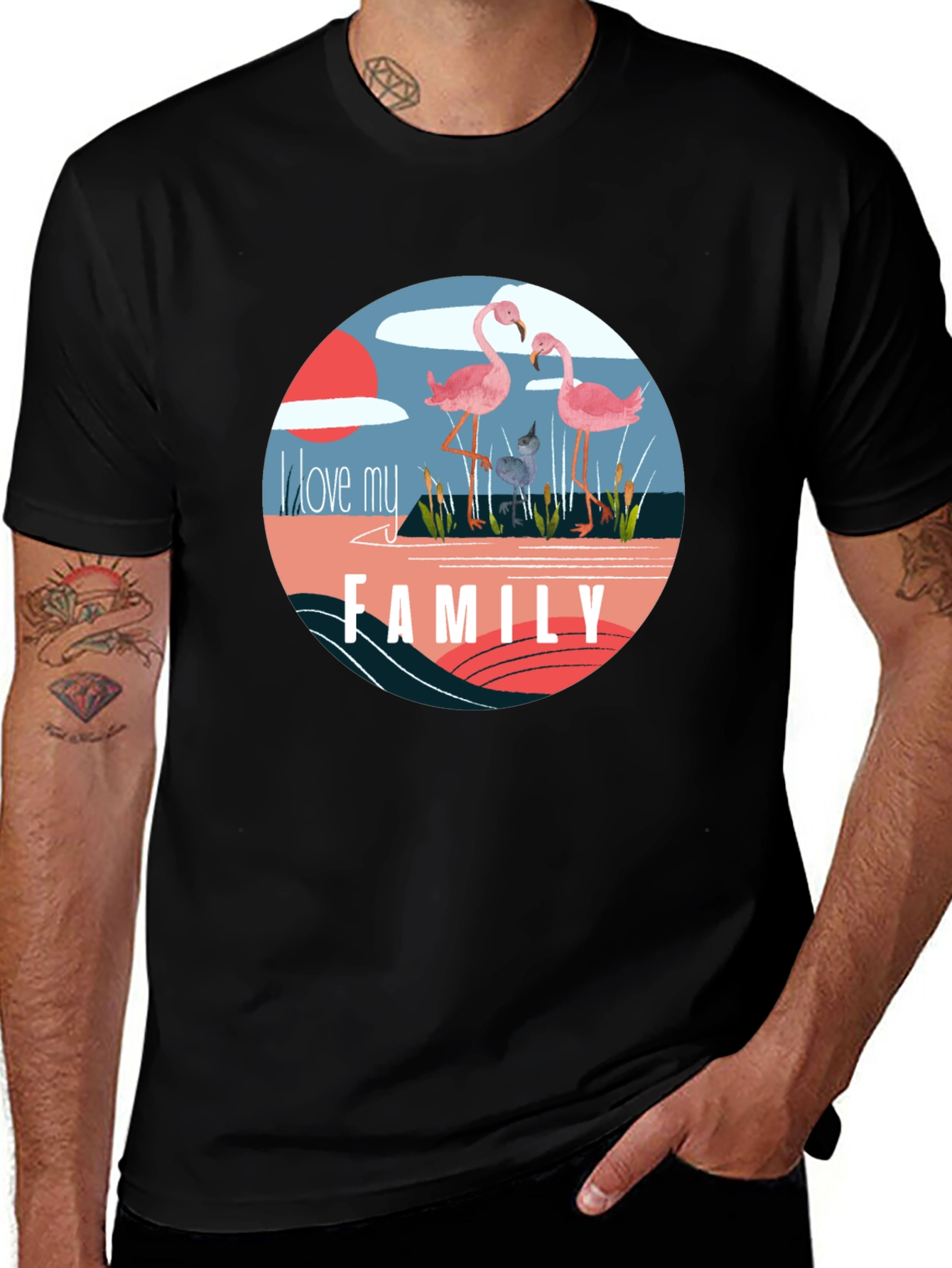 Variant 2 of Flamingo Family Graphic Tee - Black Cotton Blend