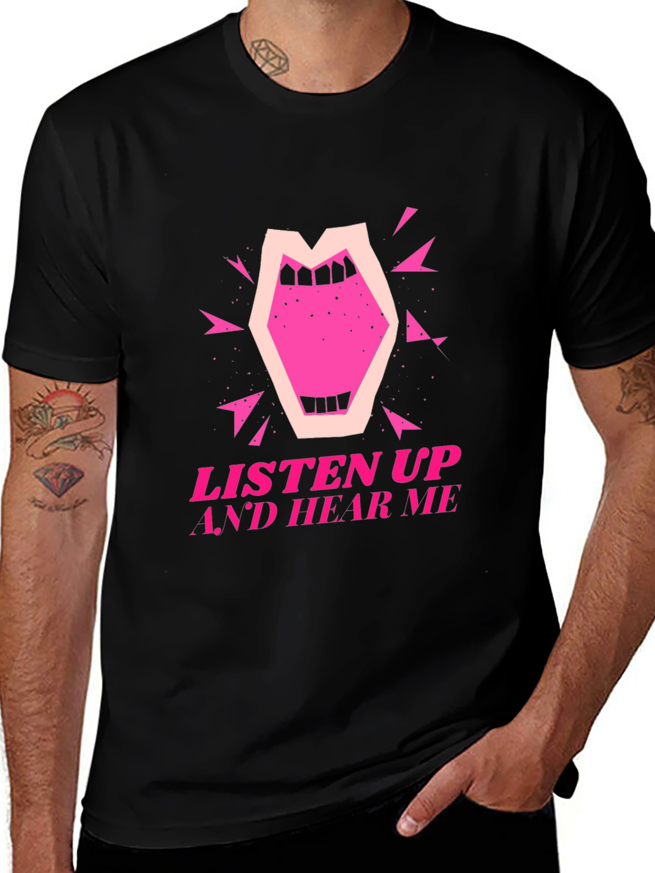Variant 10 of Listen Up Graphic T-Shirt - Bold Pink Design on Black